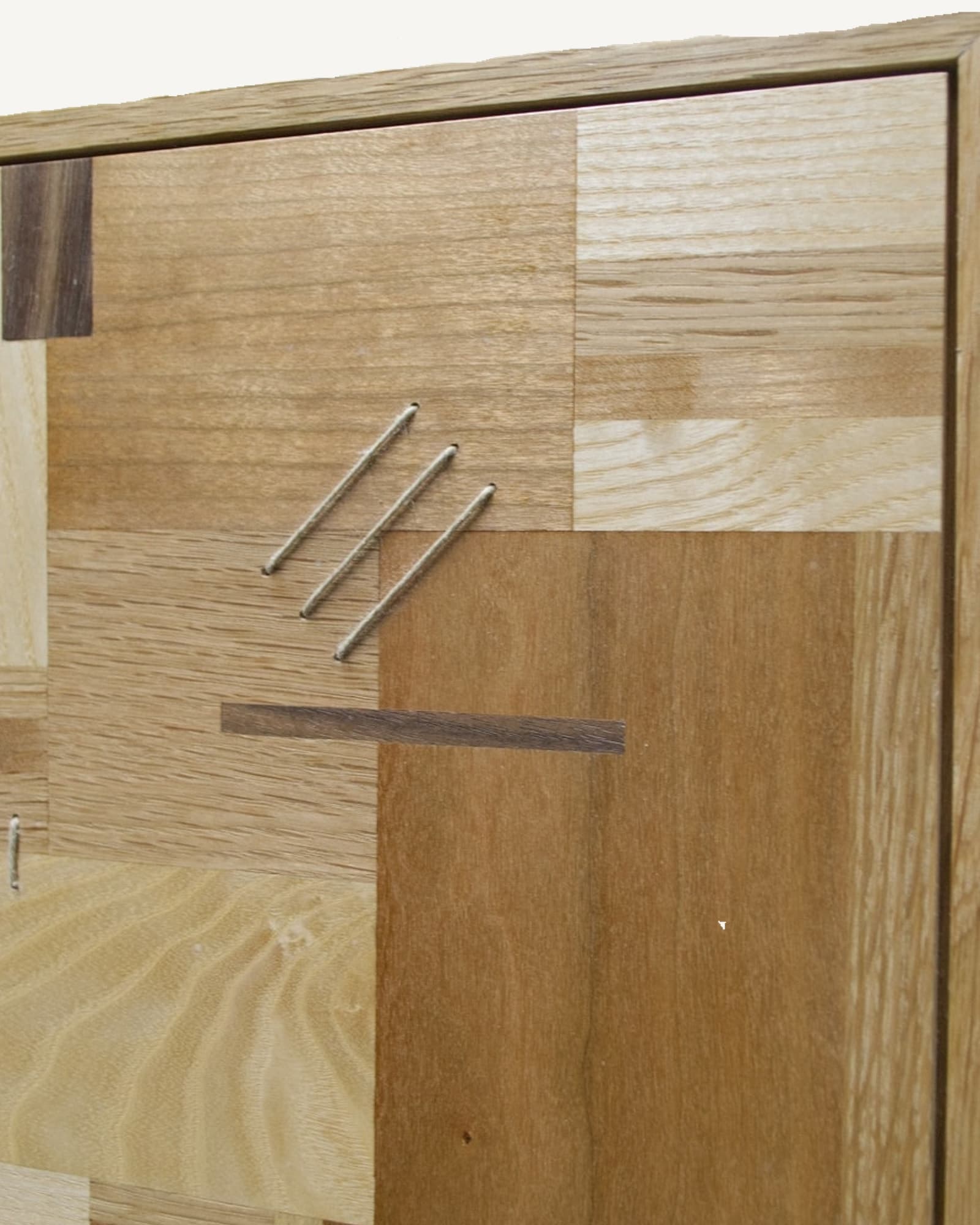 Abstract wall art with geometric composition in natural wood tones: pale ash, light sycamore, medium oak and darker walnut