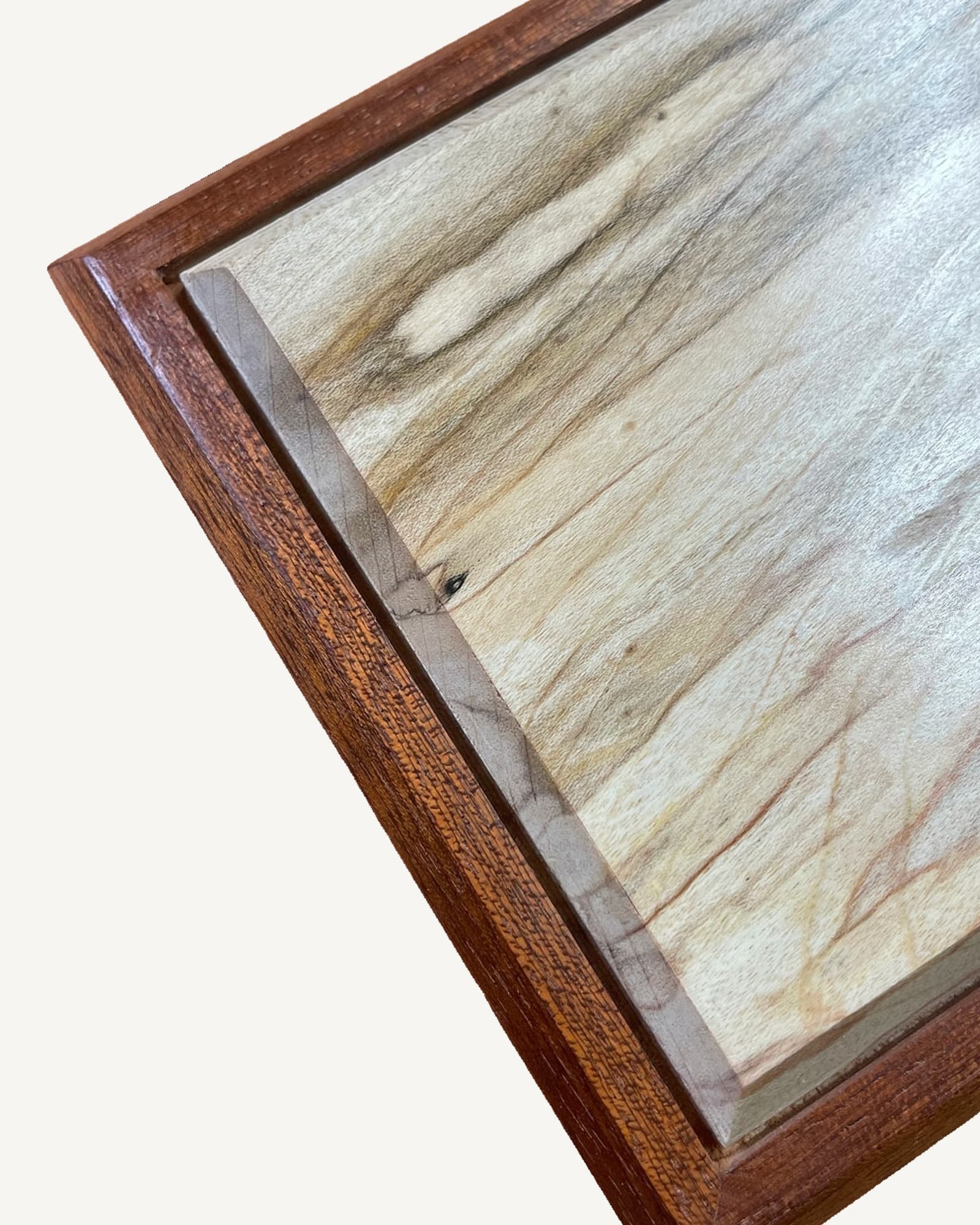 Dark reddish-brown sapele box with pale spalted sycamore lid featuring grey and brown streaked grain pattern, angled view