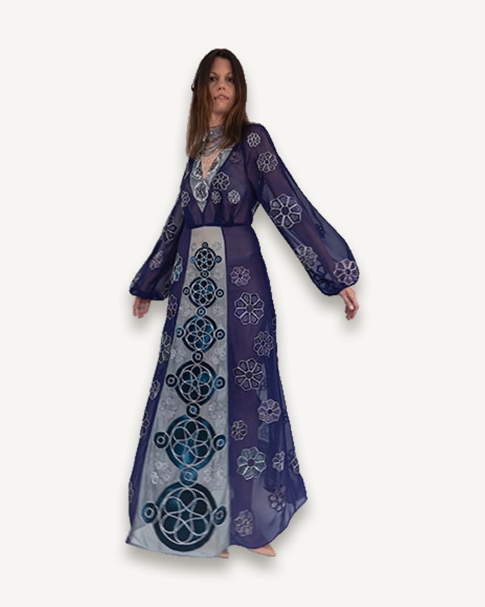 The embroidered chiffon dress worn front-on, solar motifs running down the centre panel