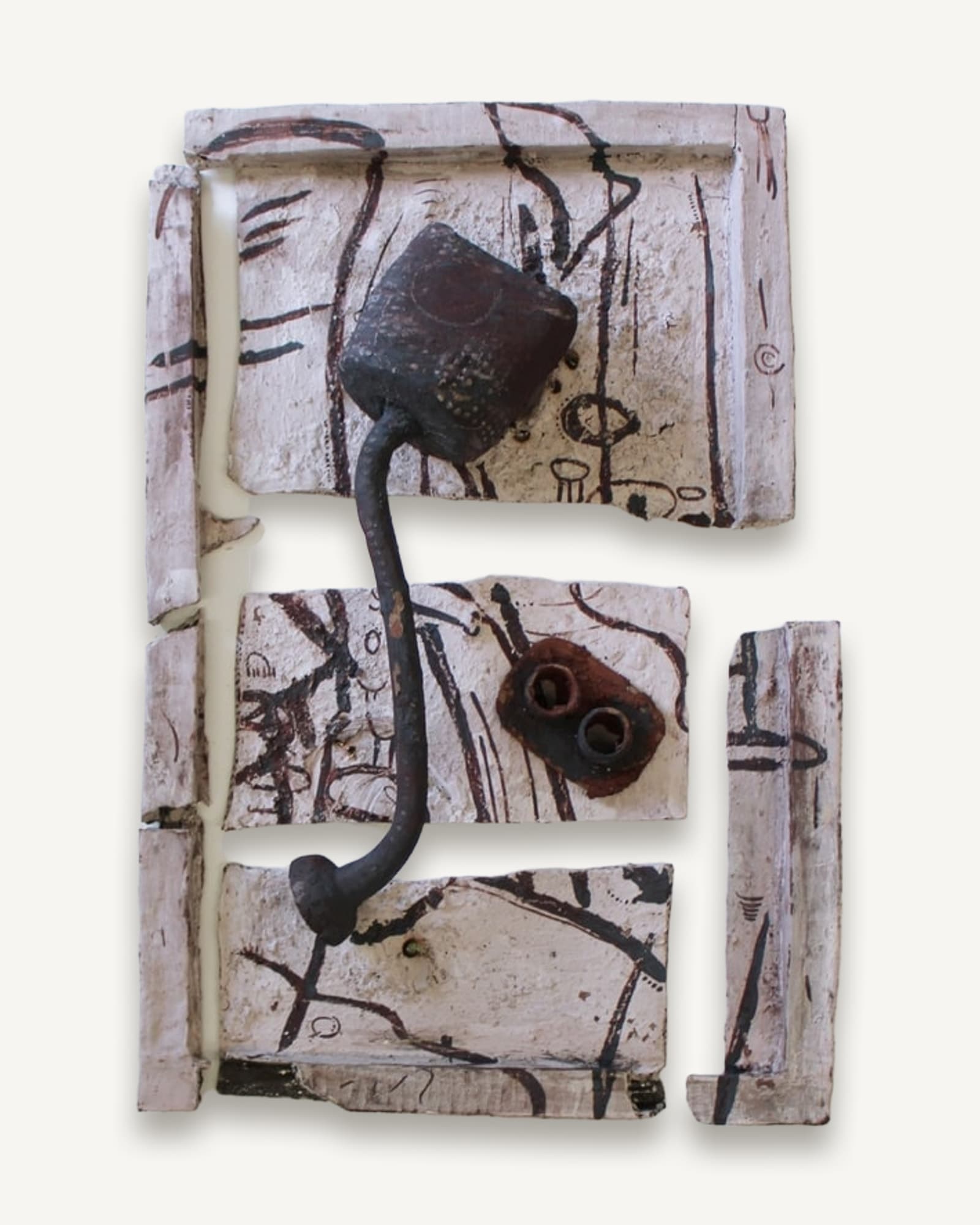 Carved ceramic wall panels with a dark hanging form