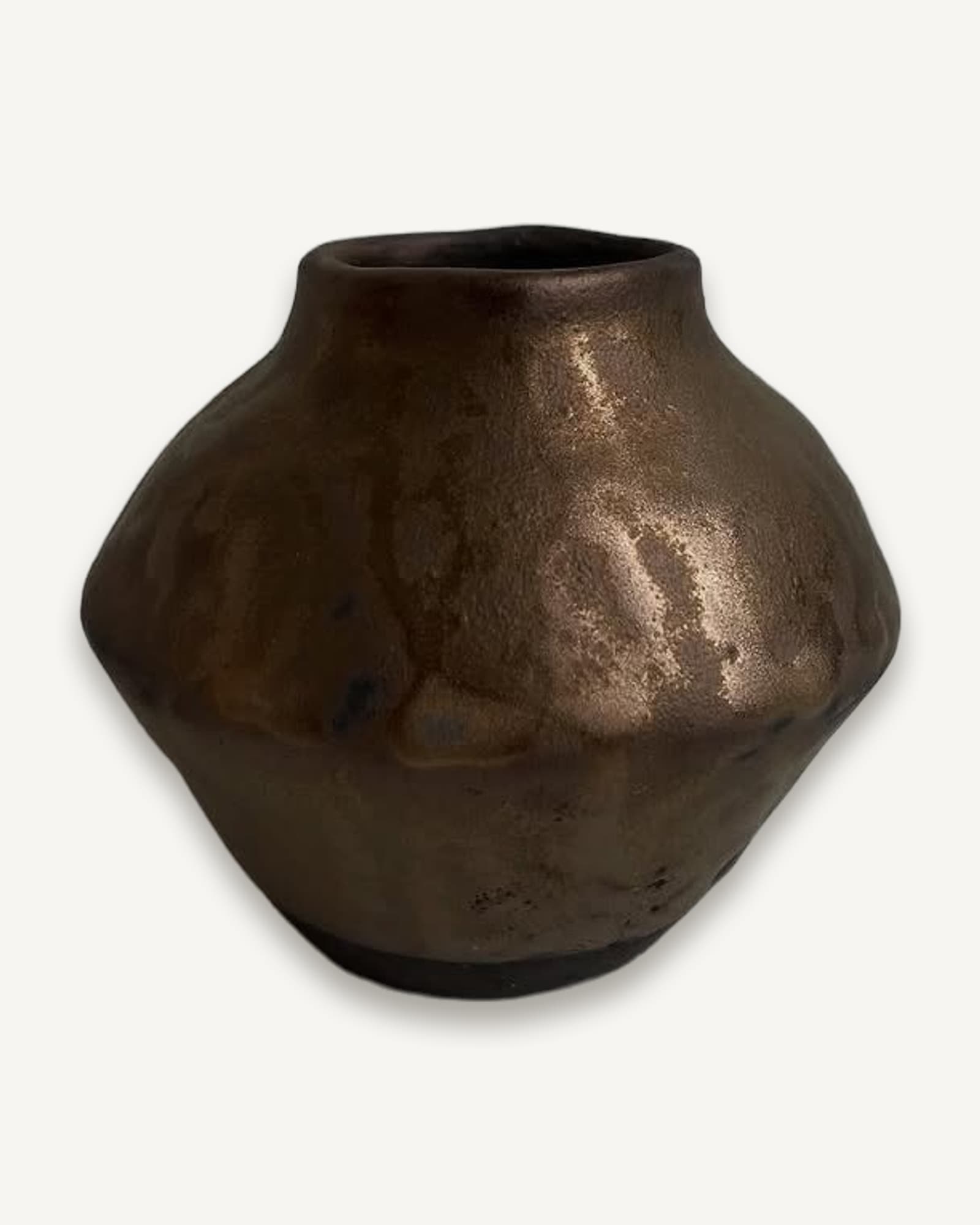 Small bronze lustre pinch pot with angular shoulders and narrow mouth