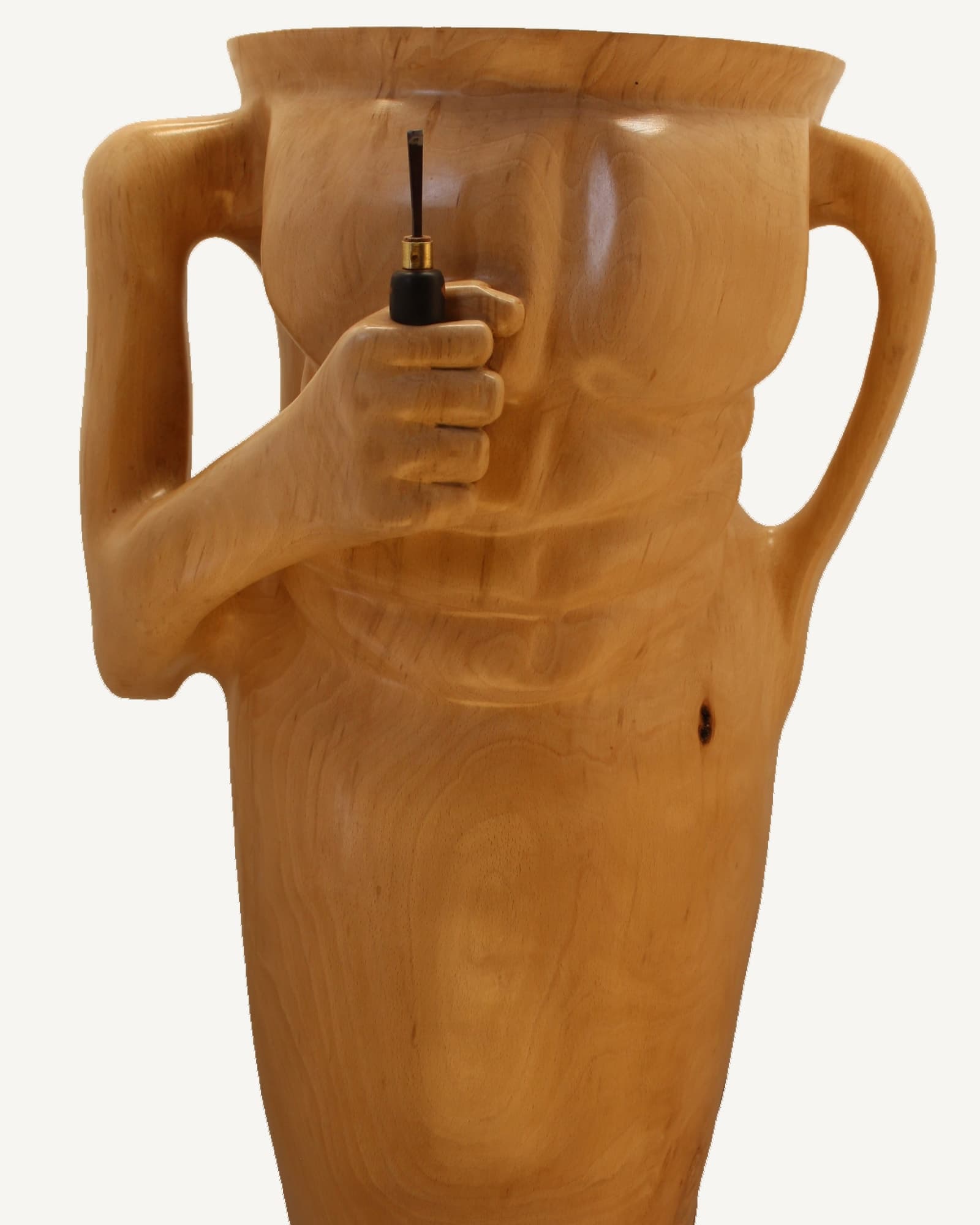 Polished beech amphora with two handles, holding a chisel in one carved hand and chiselling its own torso