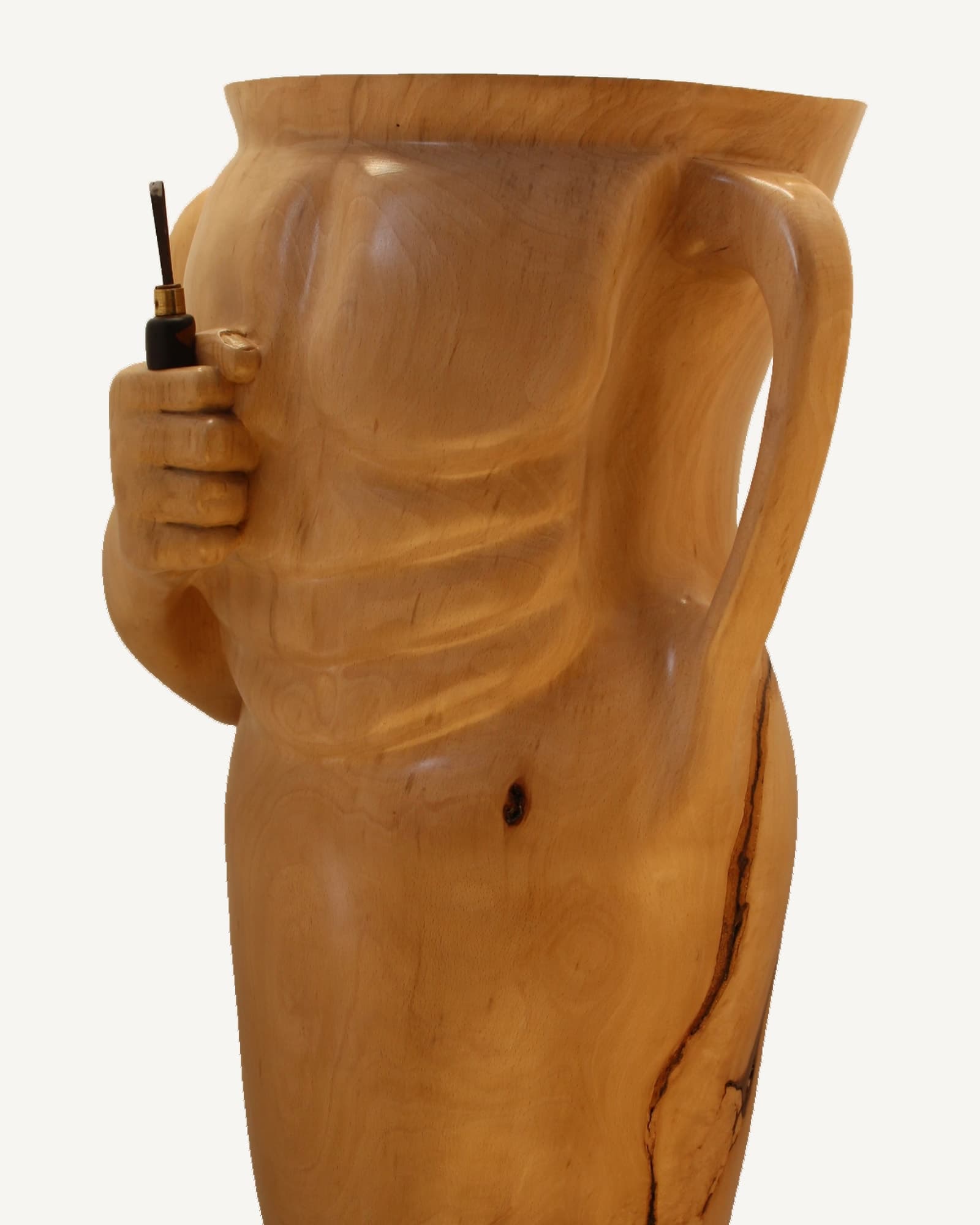 Polished beech amphora with two handles, carved to depict a face and torso holding a chisel to its own abdomen.