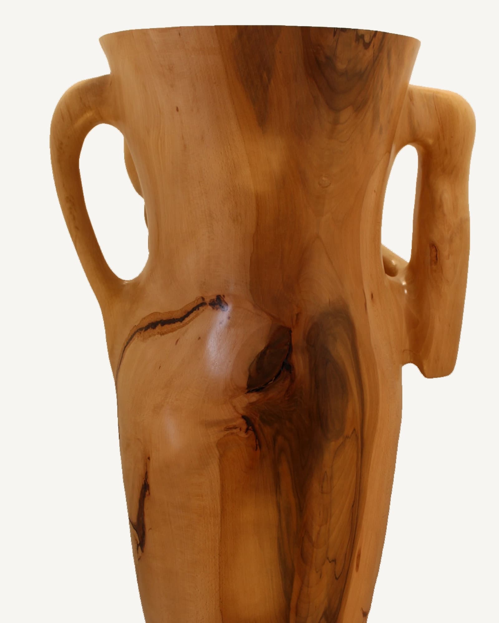 Wooden amphora with two handles, honey-coloured beech with dark knots and grain.