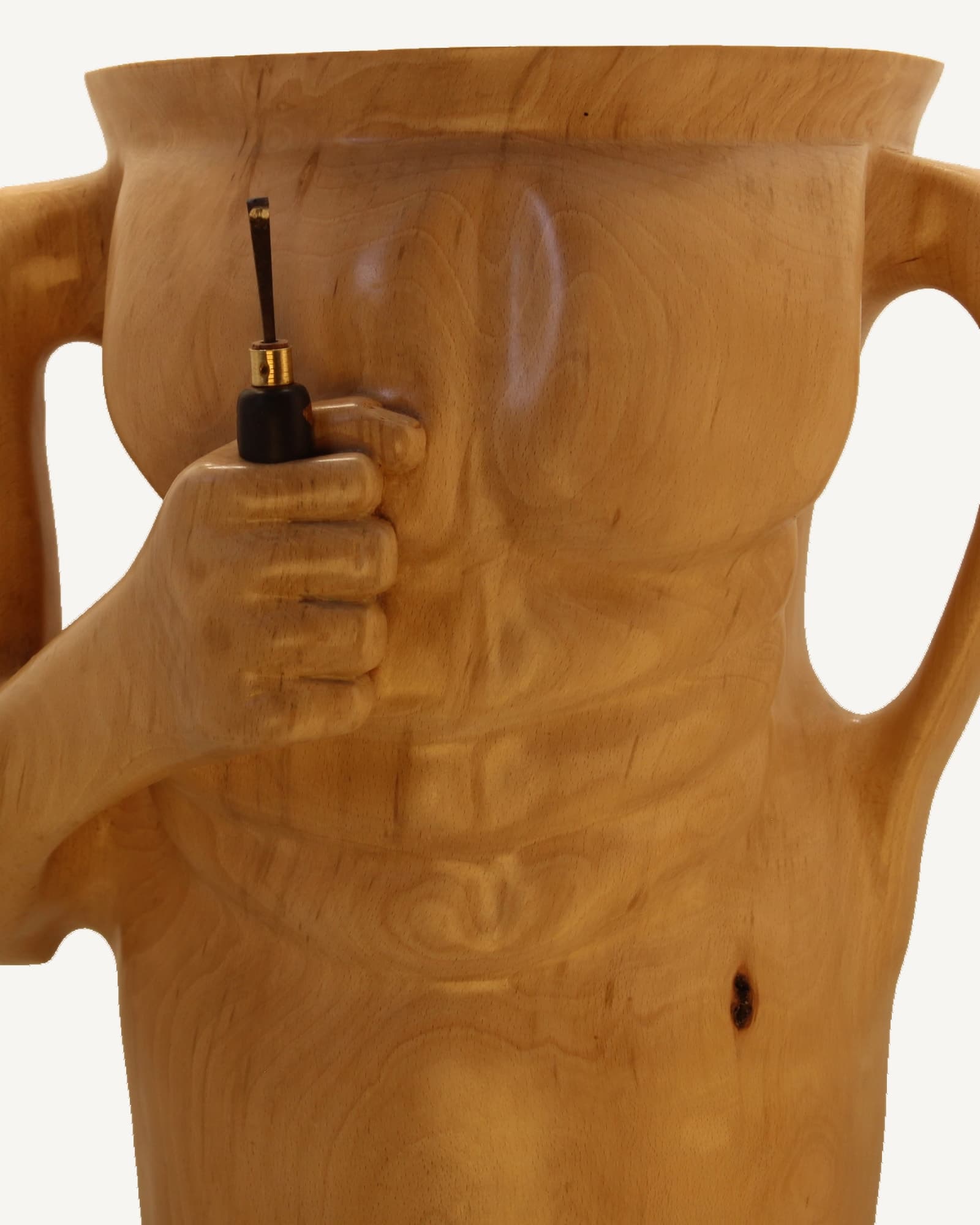 Wooden amphora with two handles, carved beech, holding a chisel in one hand and carving muscles into its own torso.