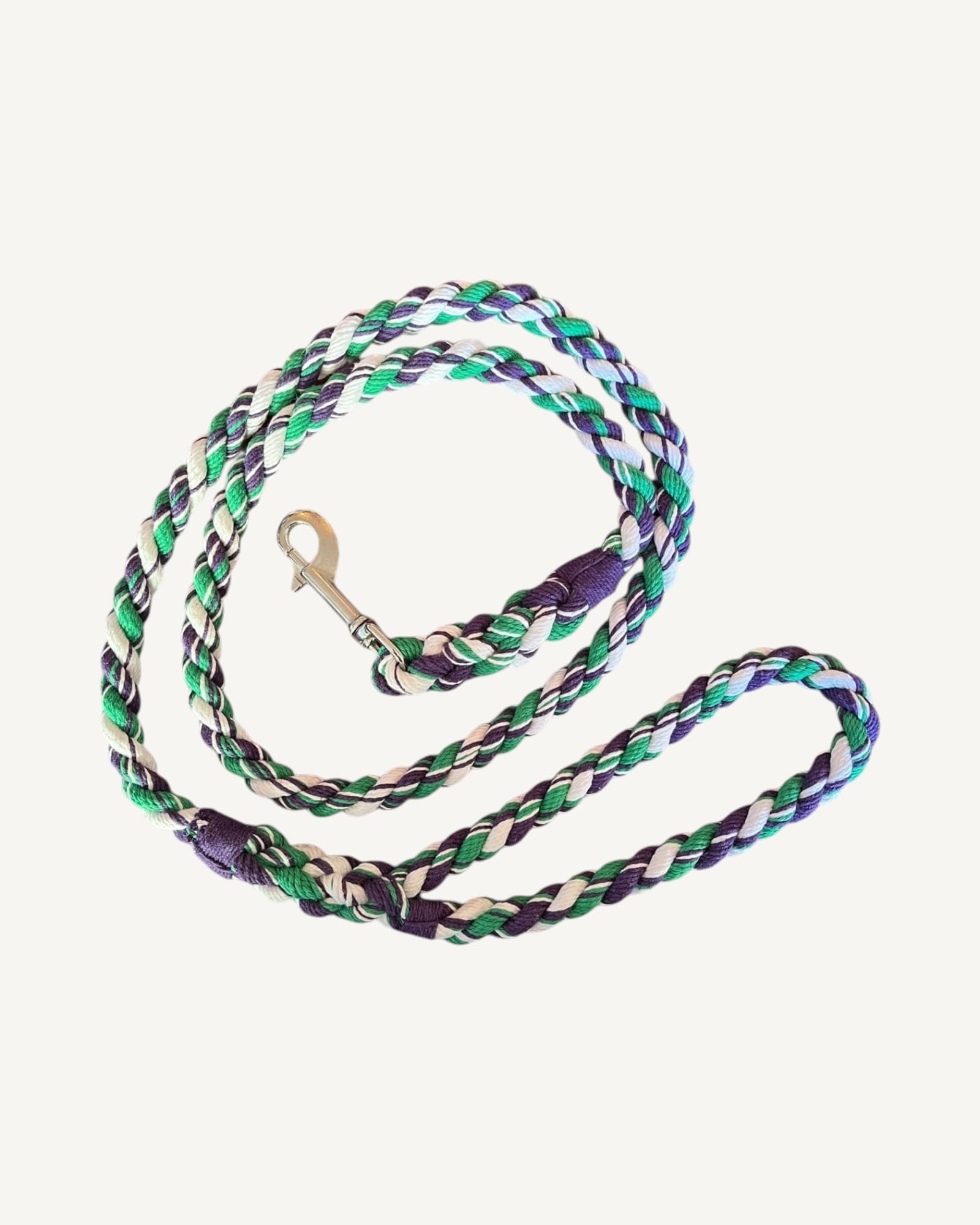 Coiled hand-spun cotton rope lead in purple, white and green twisted strands, with stainless-steel clip and eye-splice