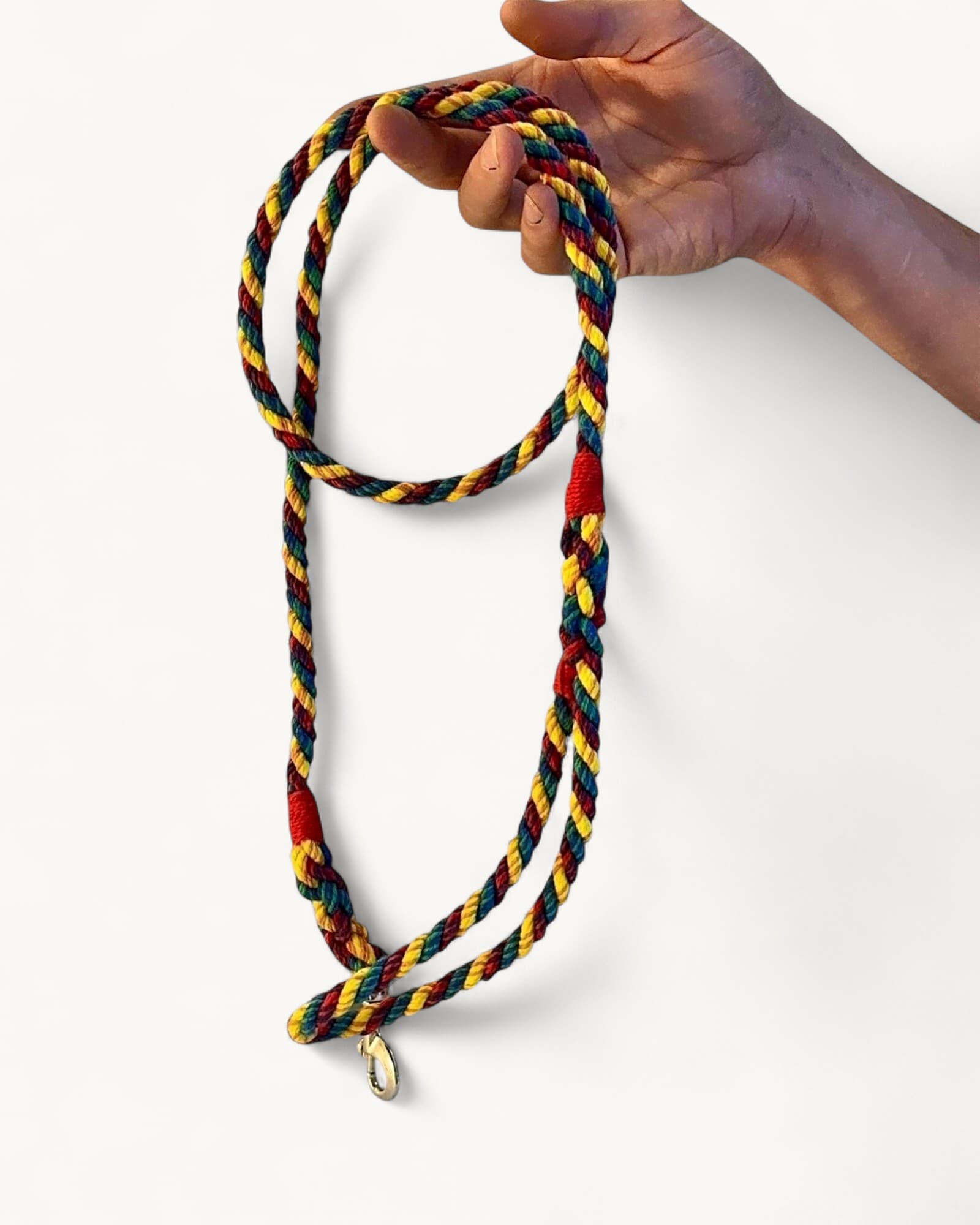 Hand-held slim dog leash of twisted cotton rope in yellow, red, blue and green stripes, with red-wrapped sections and