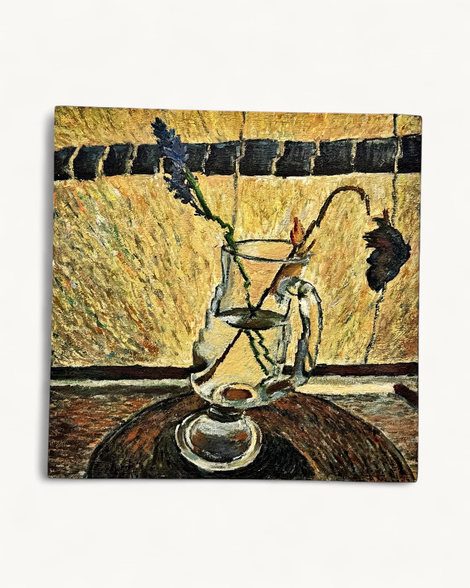 Abstract oil painting on board with gold and yellow textured background, black horizontal stripe, and central figure with