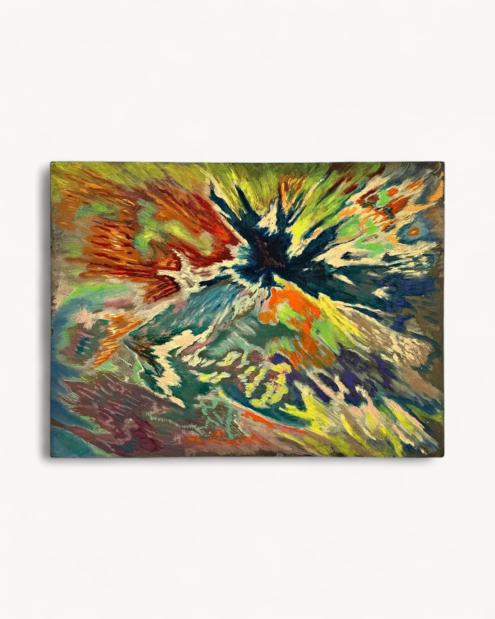 Abstract oil painting with dynamic radiating brushstrokes in red, orange, yellow, green, blue and black emanating from dark