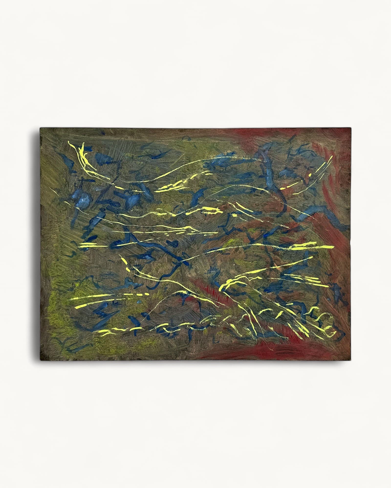 Abstract oil painting on panel with neon yellow gestural marks overlaying dusky blue, grey, olive and rust-red tones with