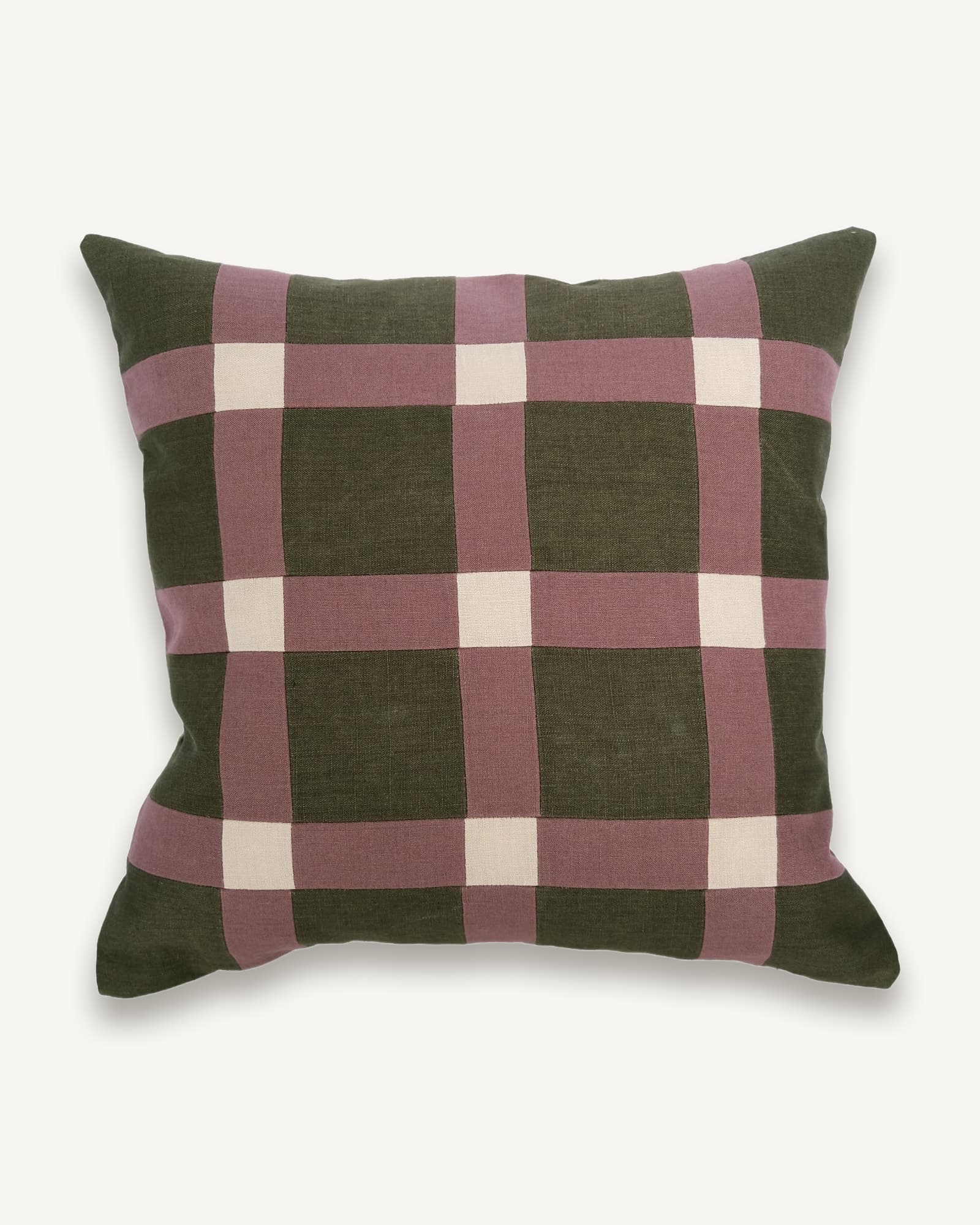 Square cushion with patchwork design in olive green, dusty rose, and cream linen, arranged in regular checked pattern with
