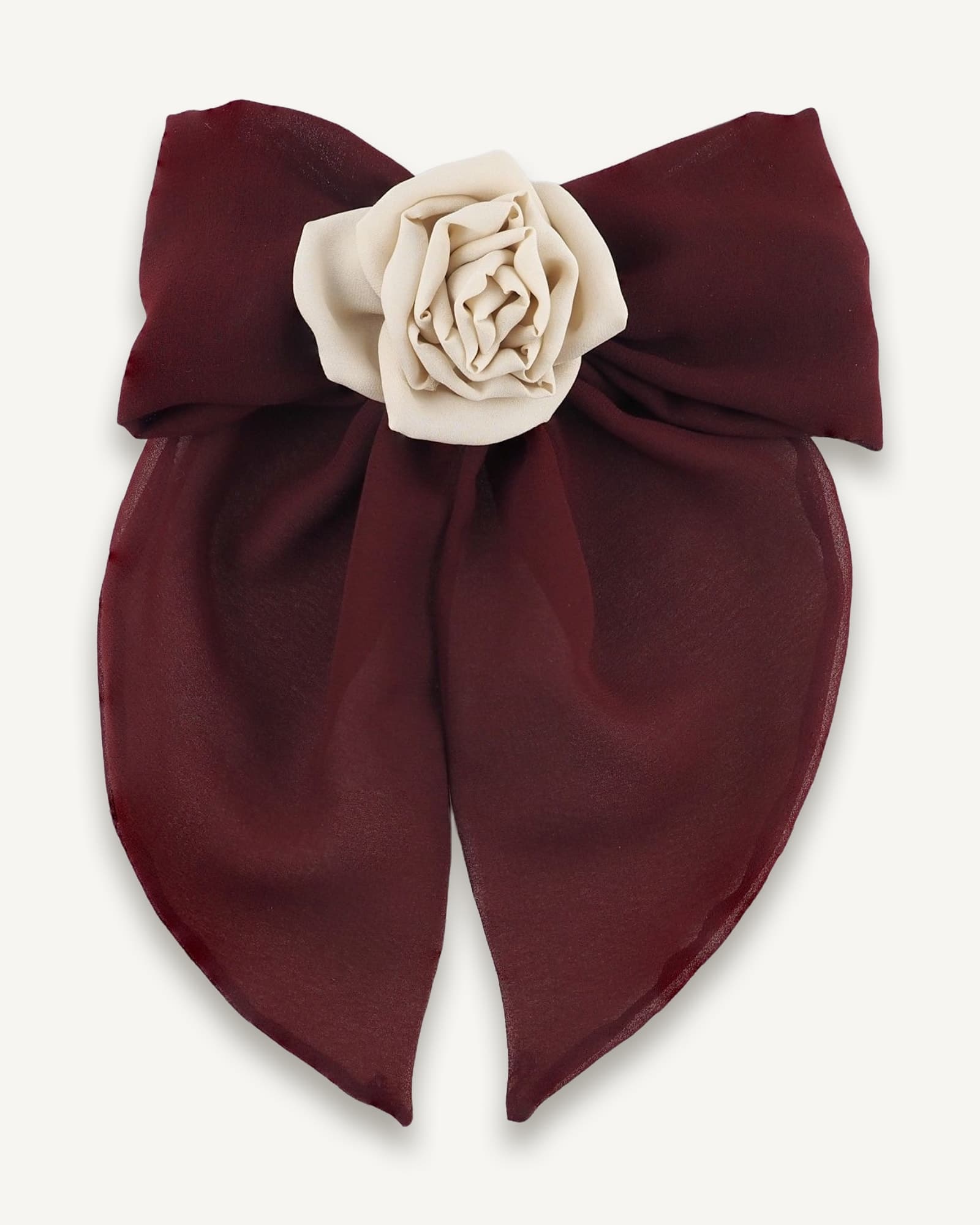 Maroon chiffon bow hair clip with nude silk rose by ByRova, designed and handmade by Ksenia Semirova, front view with soft draping