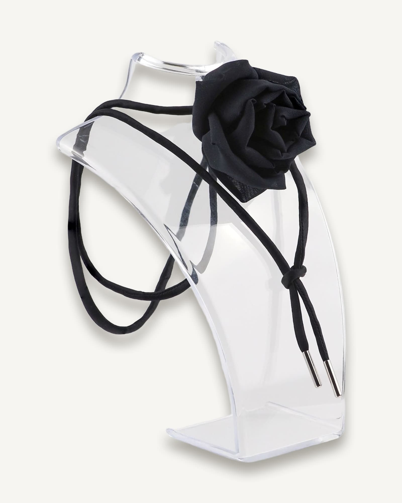 Black silk rose choker necklace with adjustable satin lace by ByRova, designed and handmade by Ksenia Semirova, shown worn on mannequin