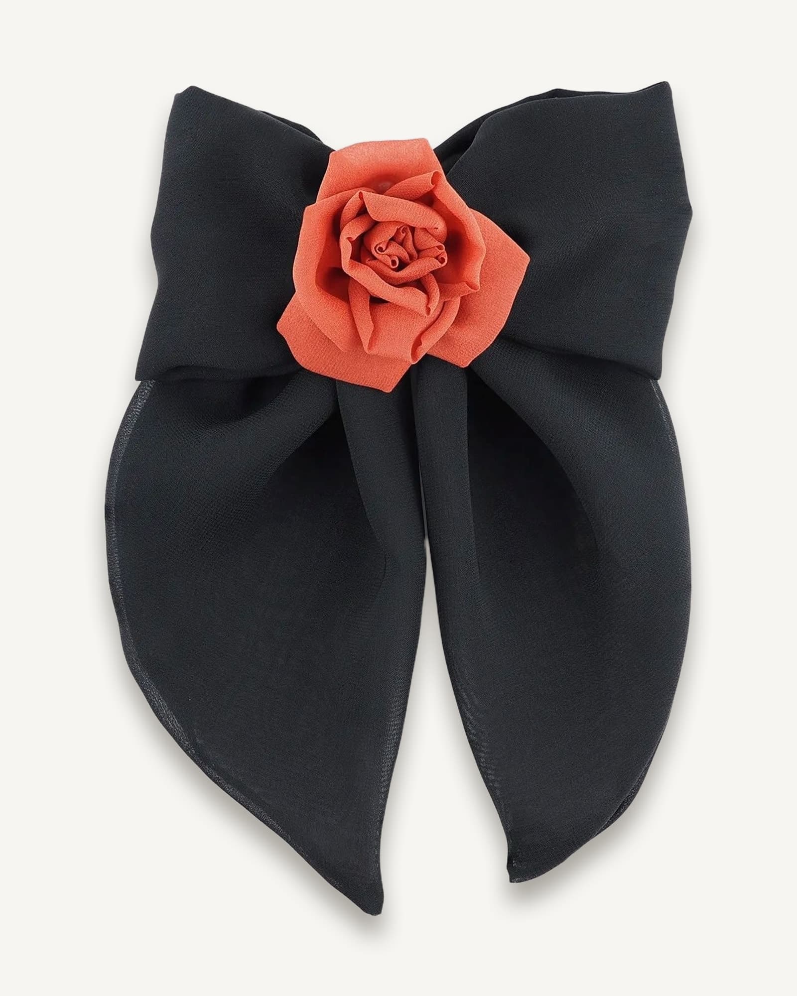 A handmade hair clip featuring a large black chiffon bow measuring approximately 16x25 cm, adorned at the center with a single red silk rose about 6 cm in diameter. The accessory combines bold black and vibrant red colors, showcasing elegant craftsmanship suitable for gothic fashion or evening wear