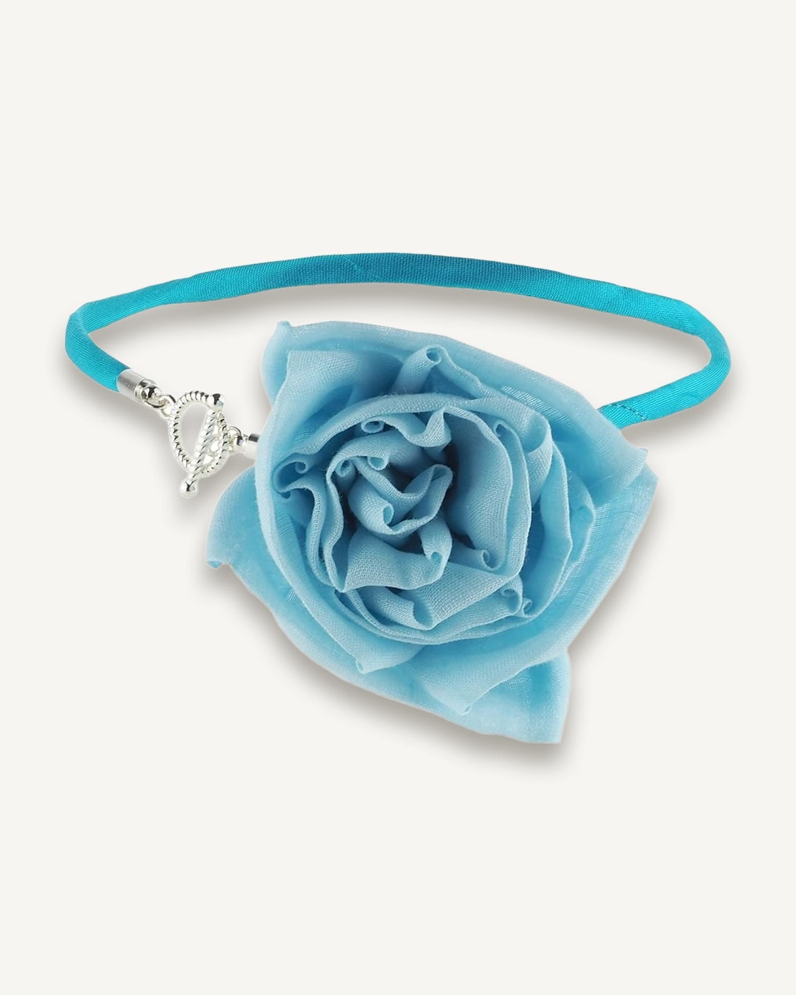Side view of handcrafted blue silk rose choker necklace with dupioni silk cord and toggle clasp