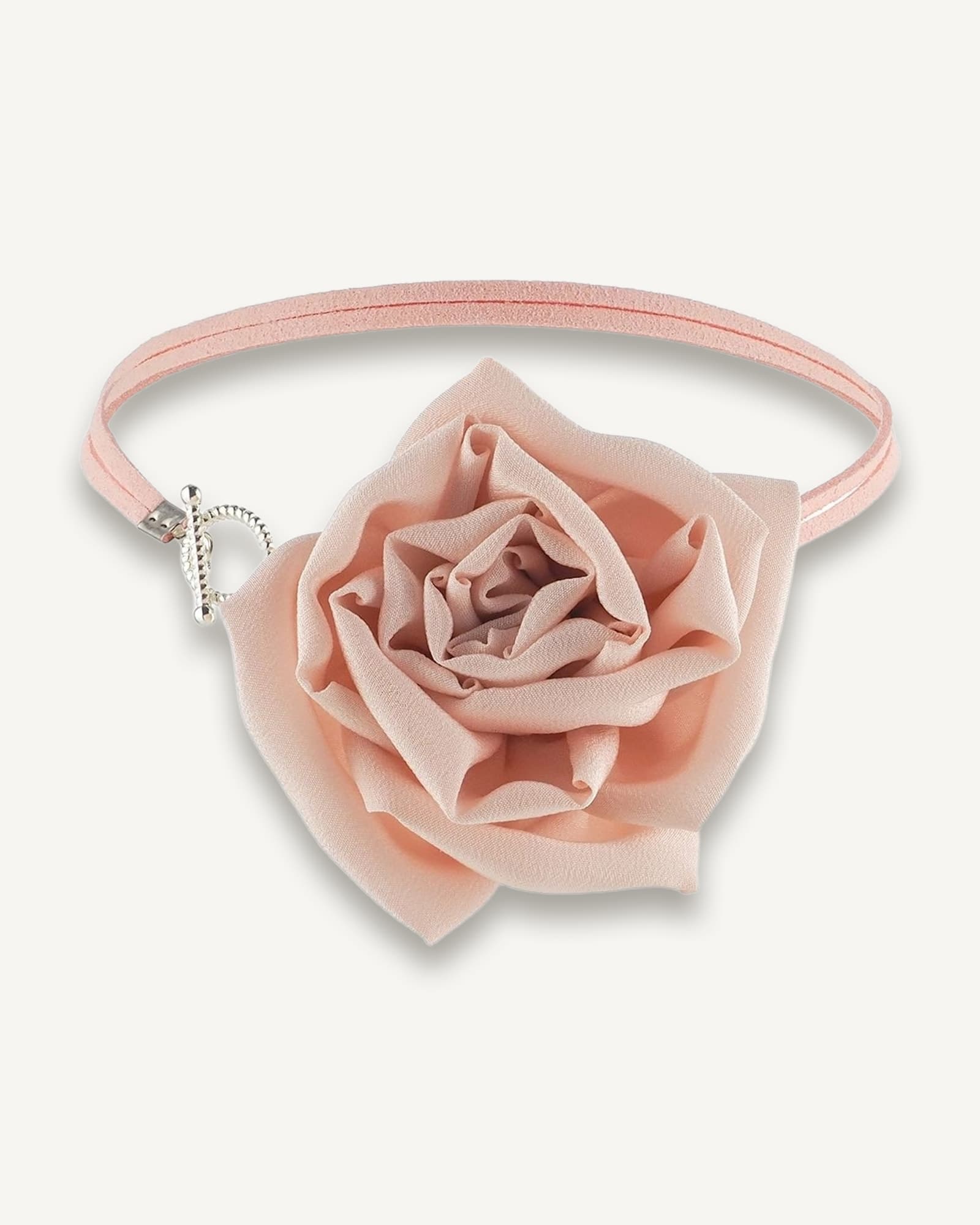 Front view of handcrafted pink silk rose choker necklace with toggle clasp, featuring a large flower made of natural chiffon
