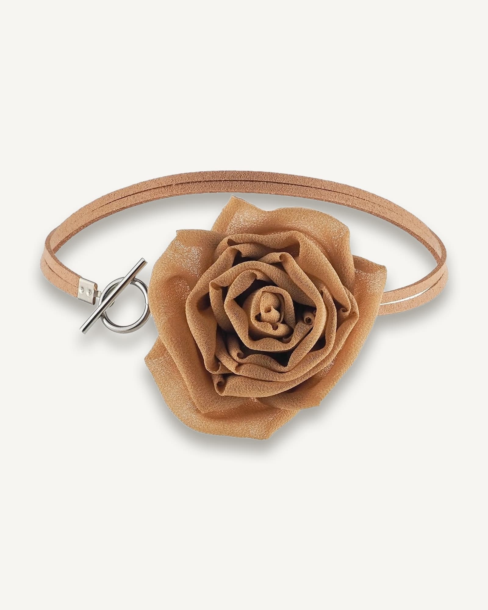 Front view of gold silk rose choker necklace showing suede lace and toggle clasp, centered rose in focus
