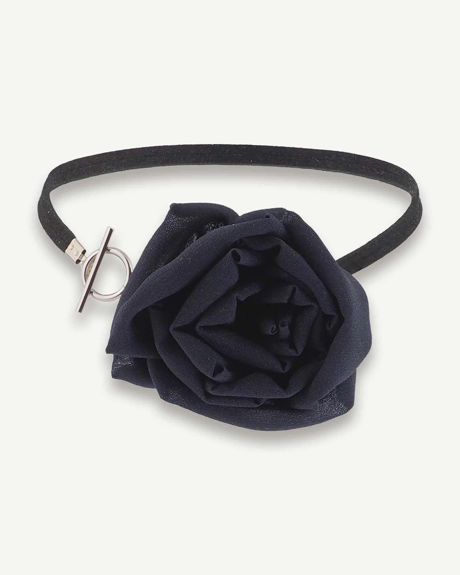 Handcrafted black silk chiffon rose choker necklace with toggle clasp, shown from the front on a white background.