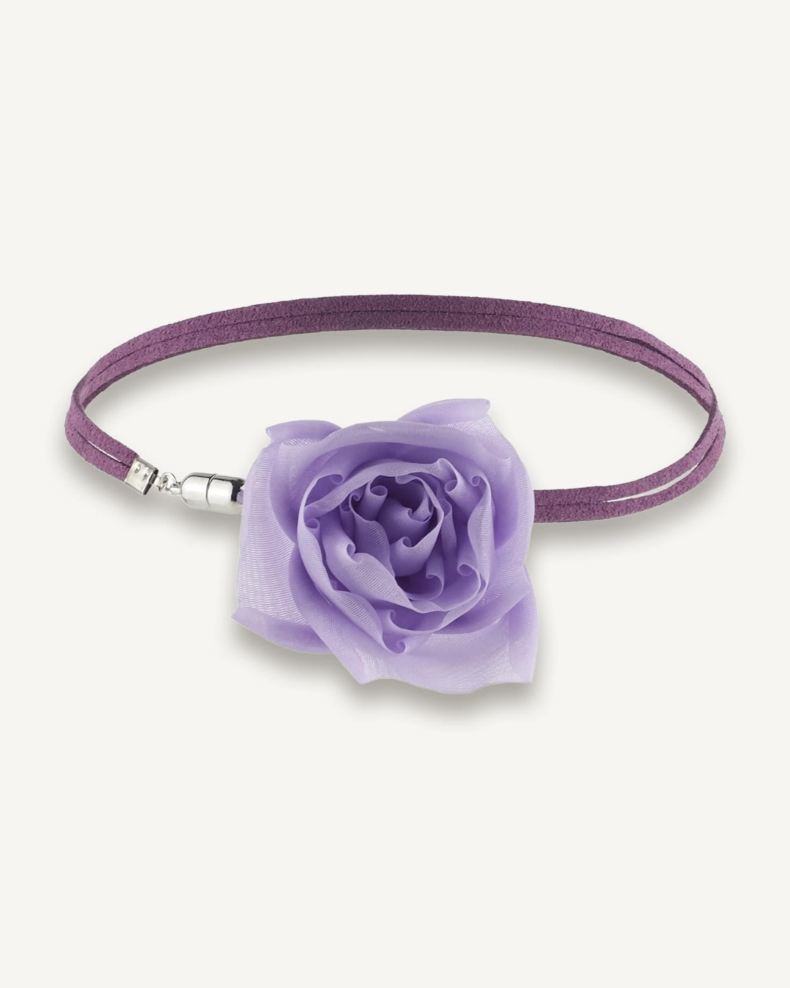 Front view of handcrafted purple silk organza rose choker with double suede lace and secure toggle clasp.