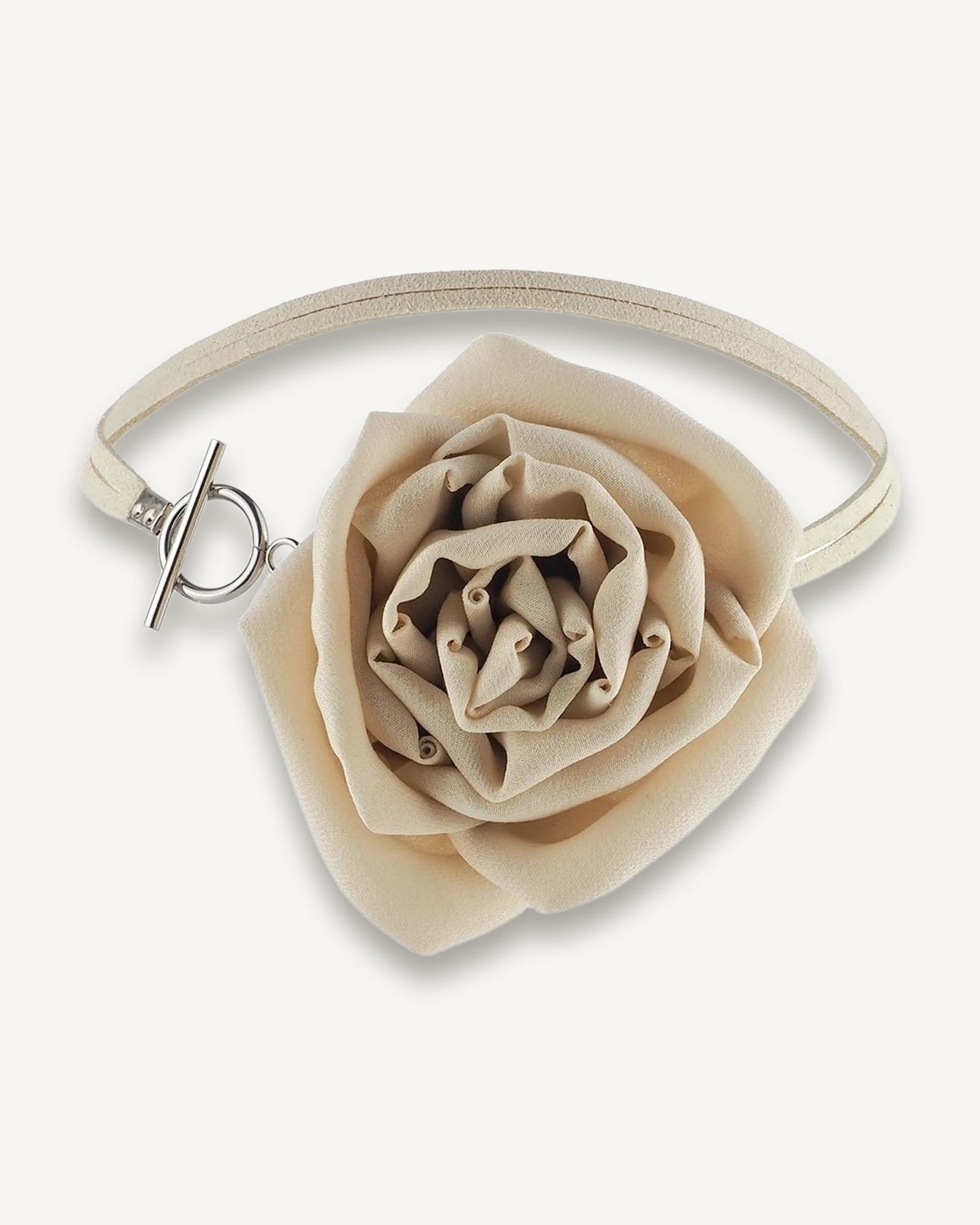 Soft beige silk rose choker necklace with suede lace and toggle clasp, handcrafted accessory