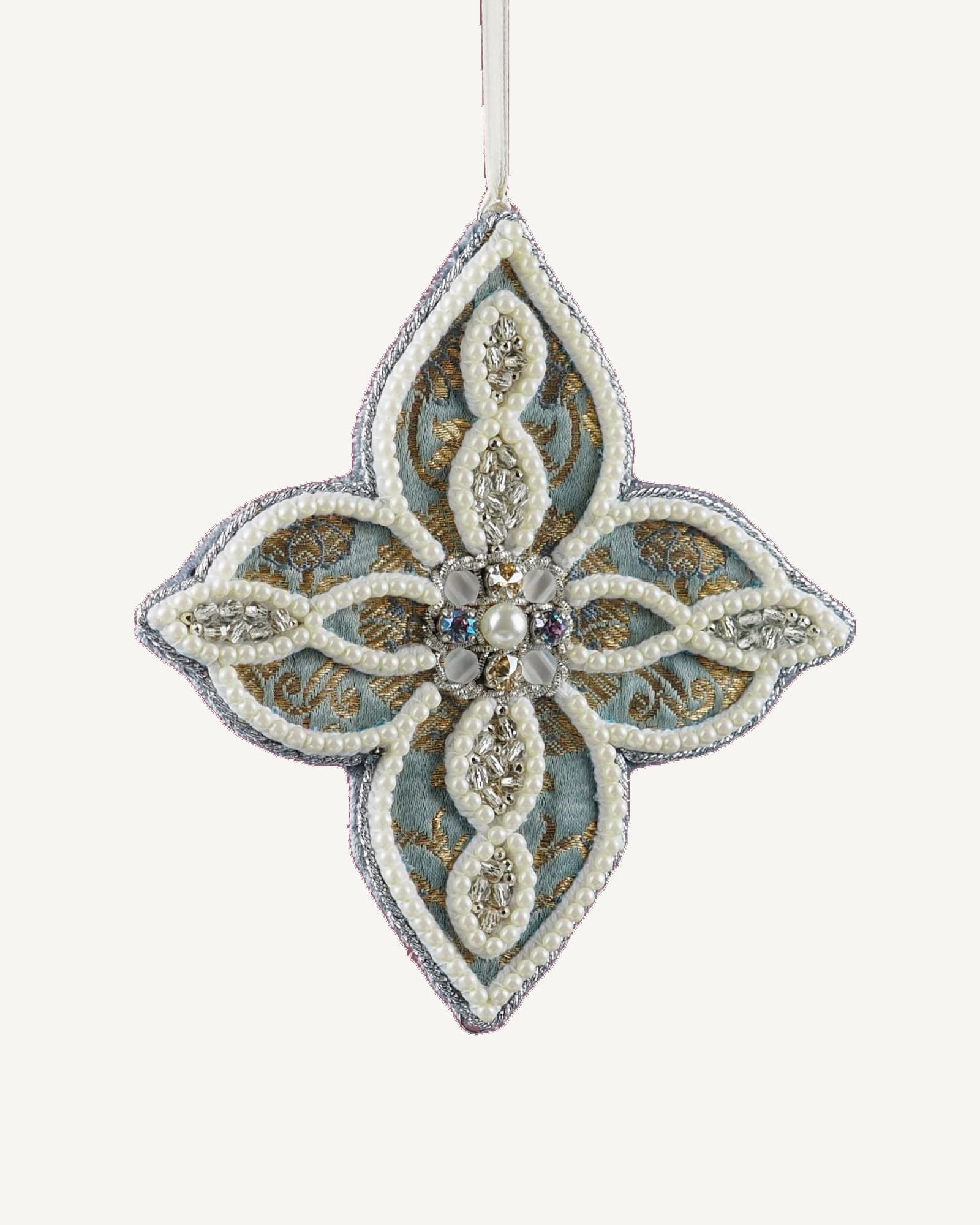 Four-pointed snowflake ornament from the Jewels of Winter collection by Ksenia Semirova. Crafted with the pearl-setting technique on gold brocade fabric, featuring imitation pearls and neutral vintage crystals
