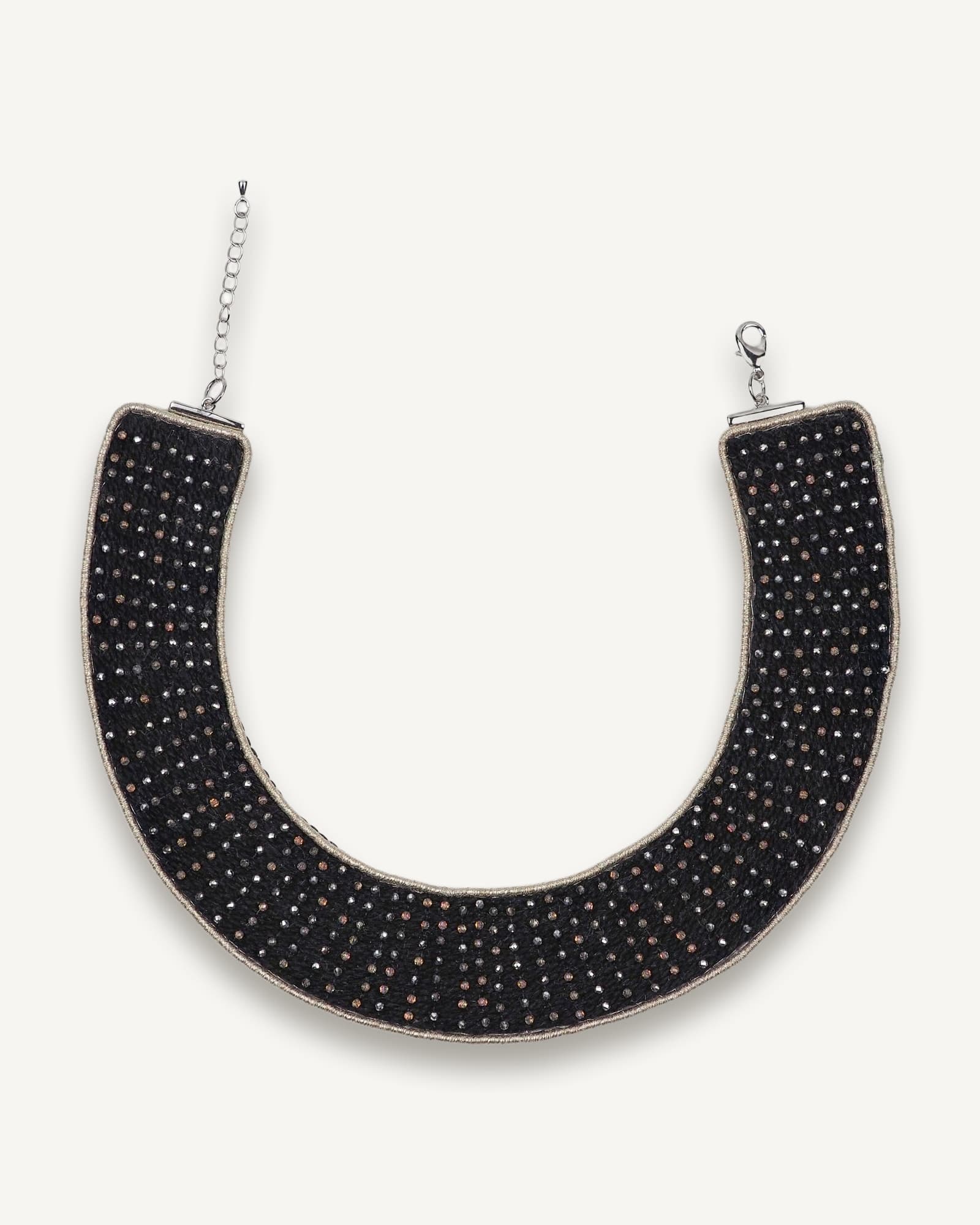 Handmade black collar necklace with small faceted glass beads set on black cotton cords, outlined with antique metallic thread and finished with an adjustable clasp.