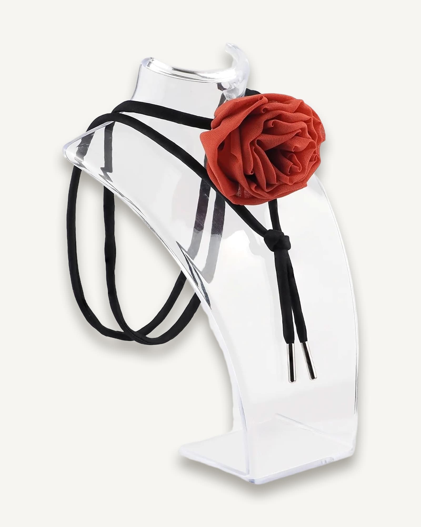 Red silk rose choker necklace with black satin lace by ByRova, designed and handmade by Ksenia Semirova, shown worn on mannequin