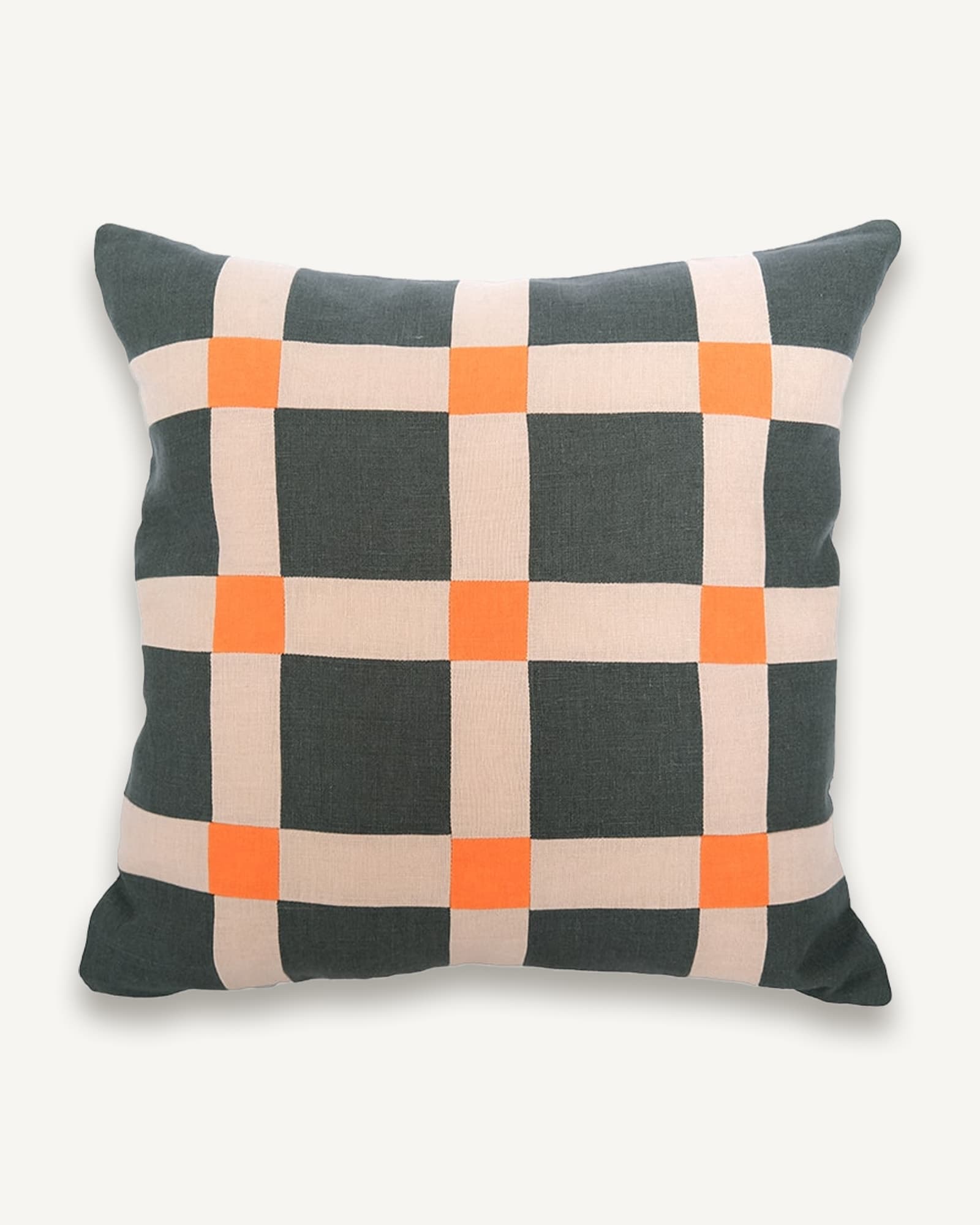 Square linen cushion with a dark green ground, a pale pink lattice and orange squares where the lines cross