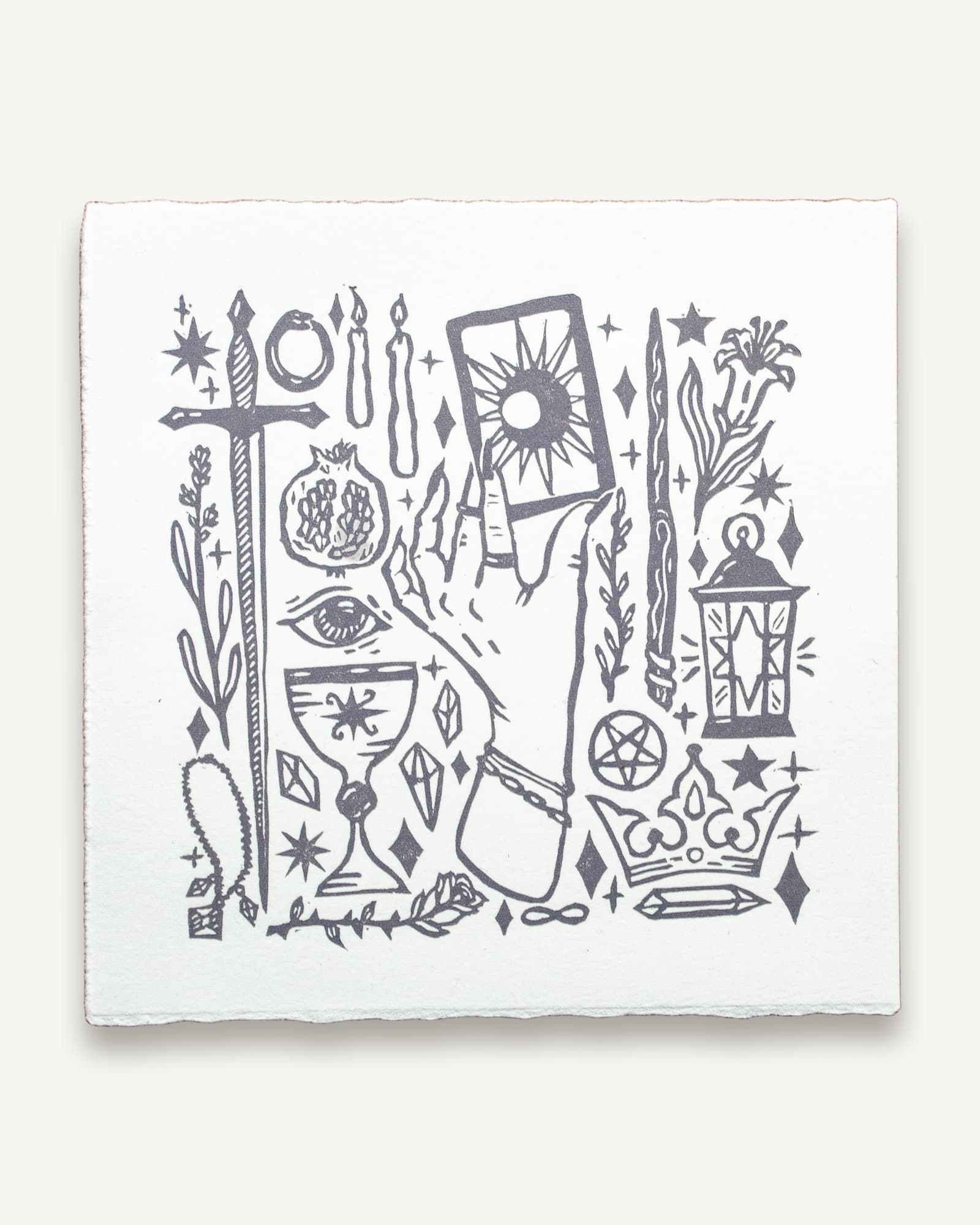 Tarot Witch Linocut Print | Dove Grey