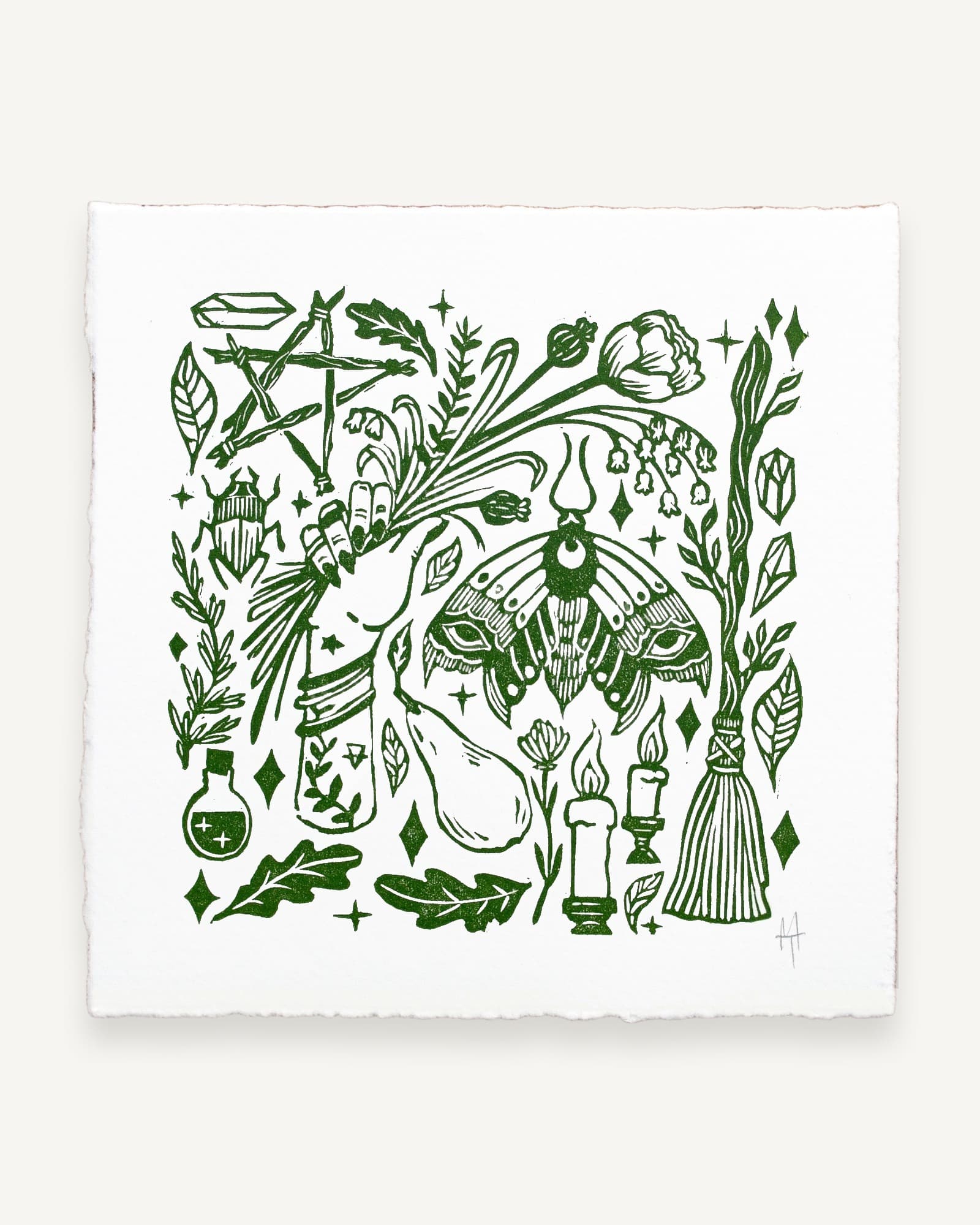 Green Witch Linocut Print | Bracken Green