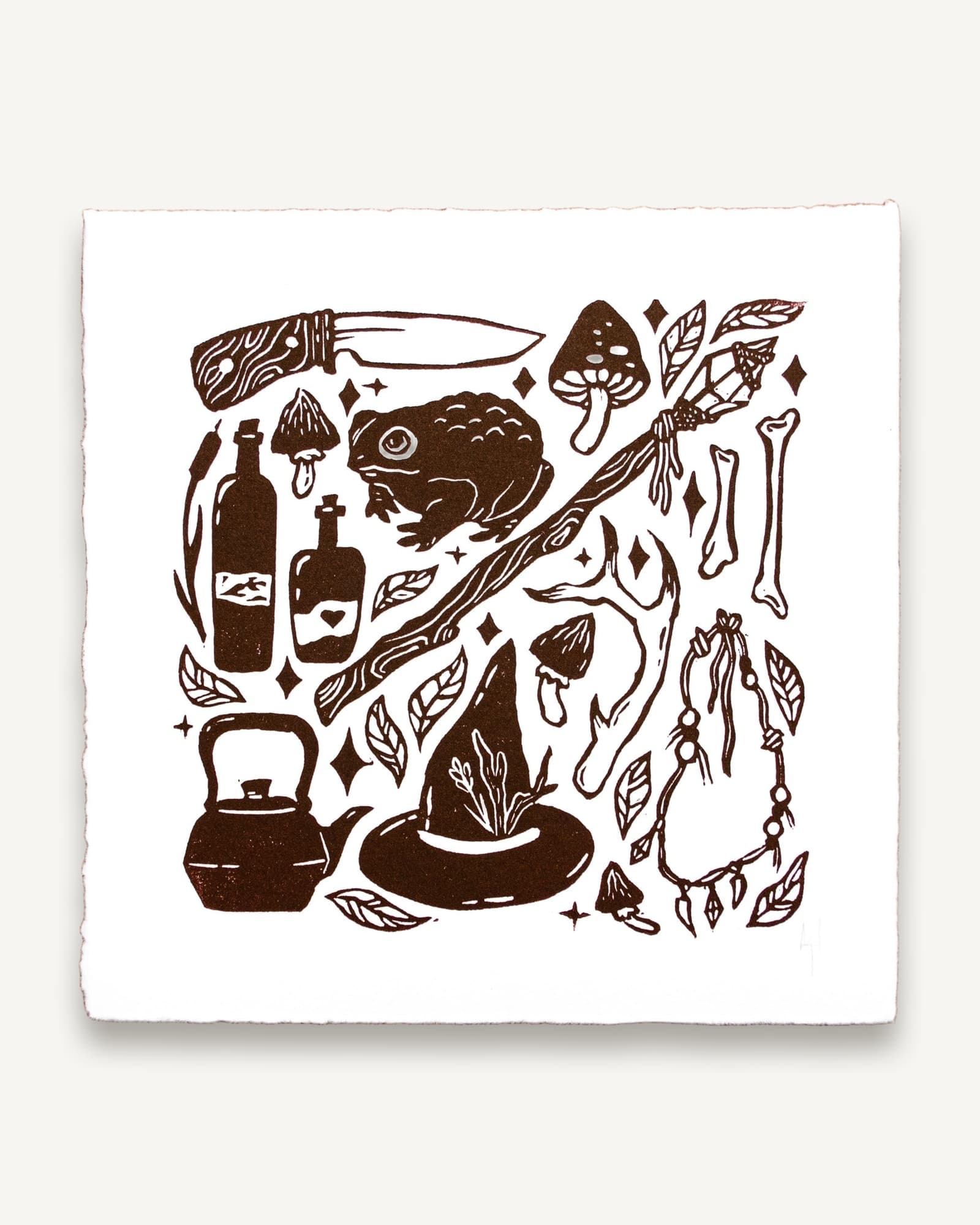 Bog Witch Linocut Print | Chestnut Brown