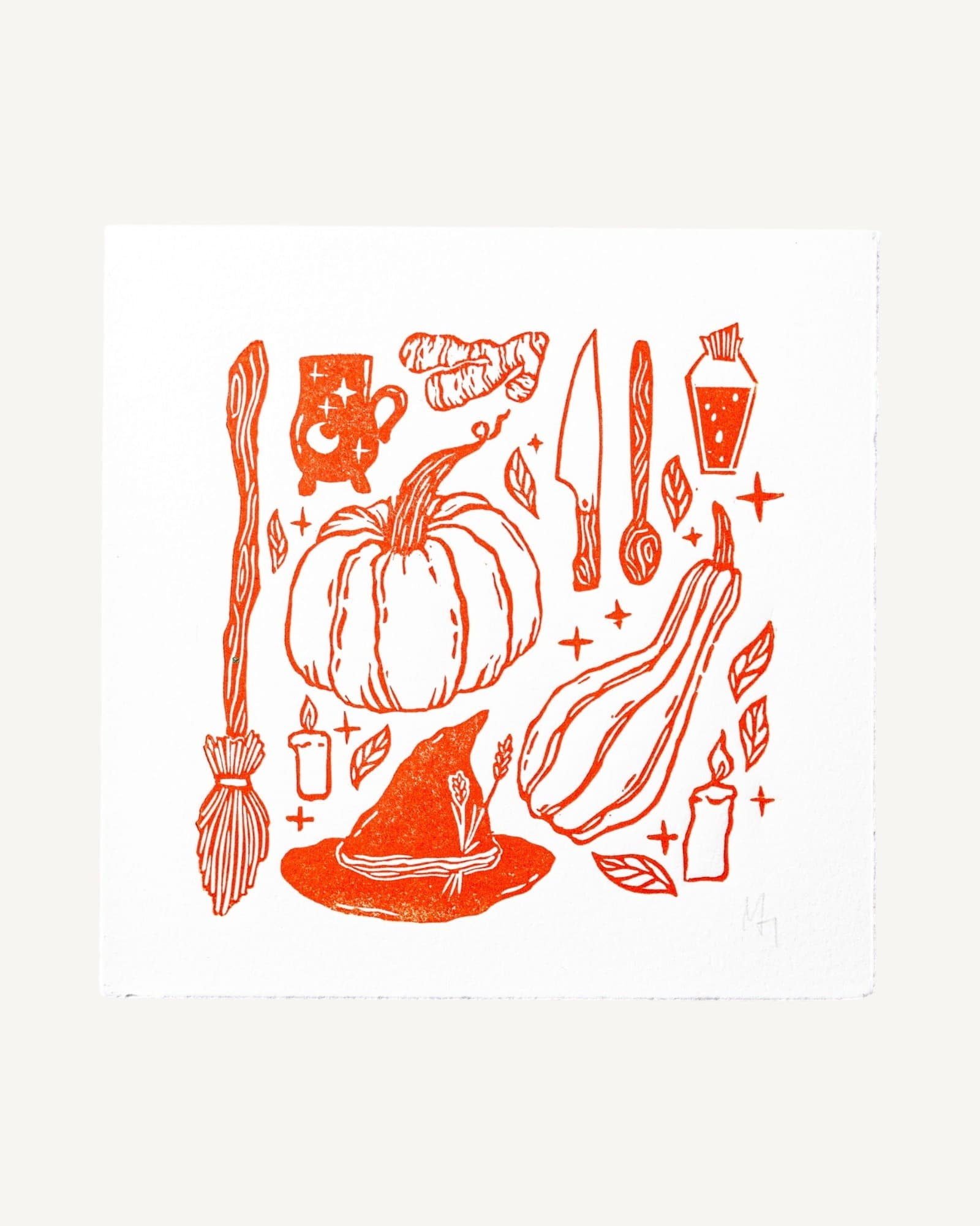 Pumpkin Witch Linocut Print | Candy Corn Orange