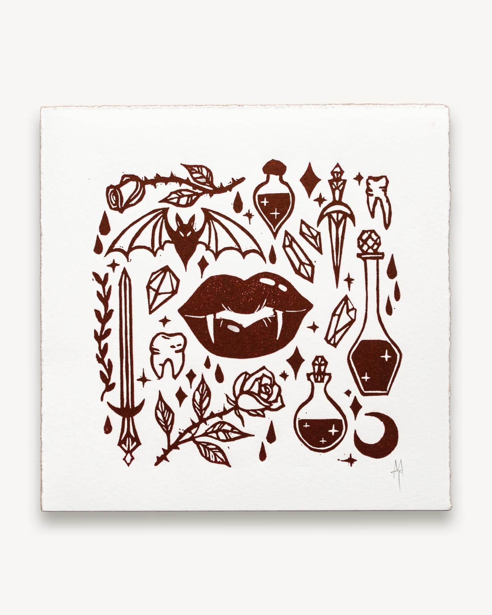 Vampire Witch Linocut Print | Oxblood Red