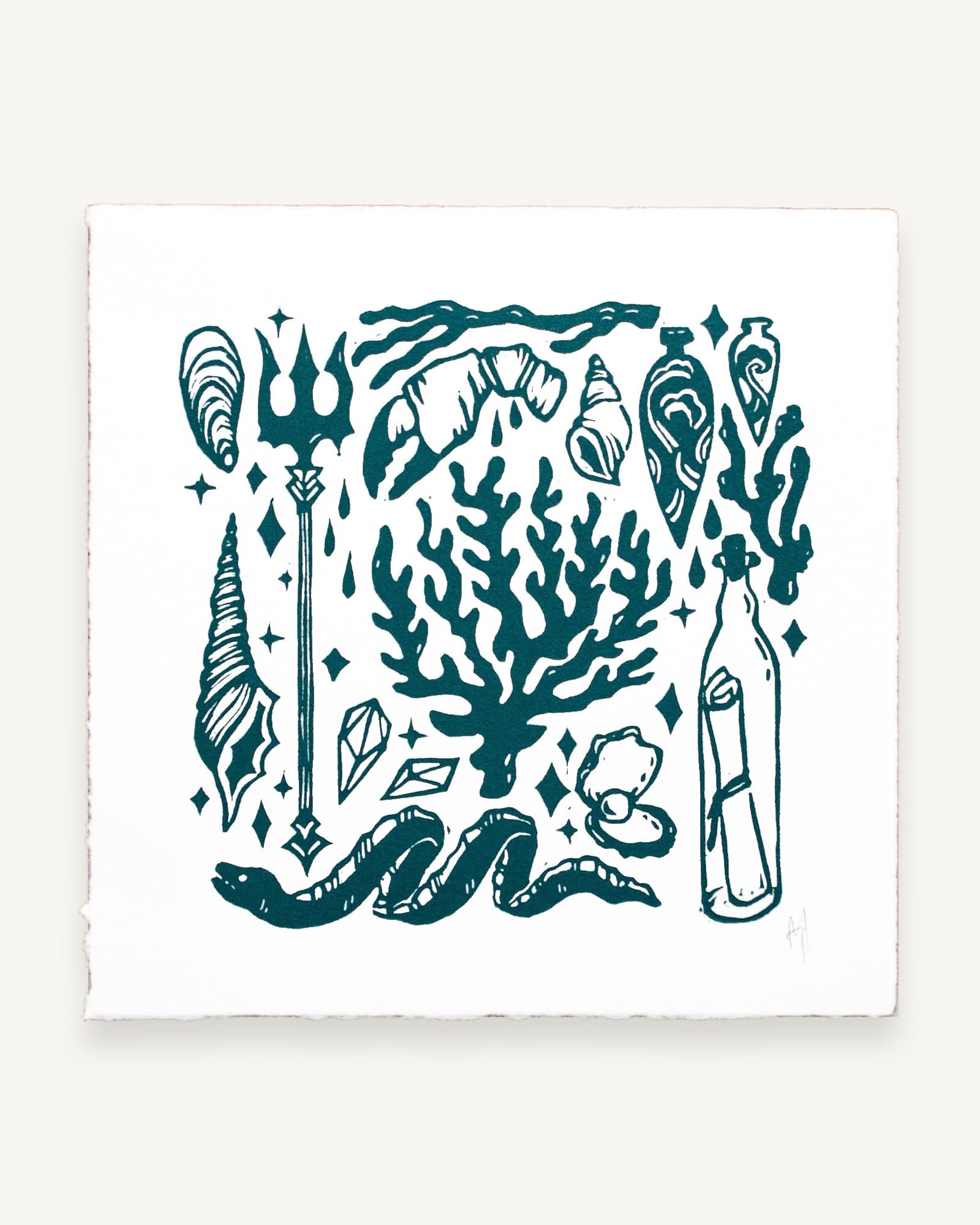 Sea Witch Linocut Print | Deep Teal