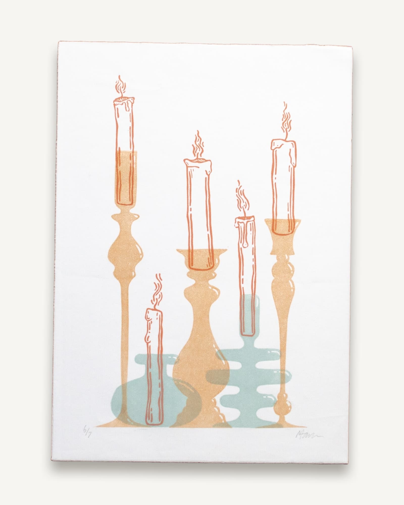 Candles Linocut Print | Peach and Dusty Blue