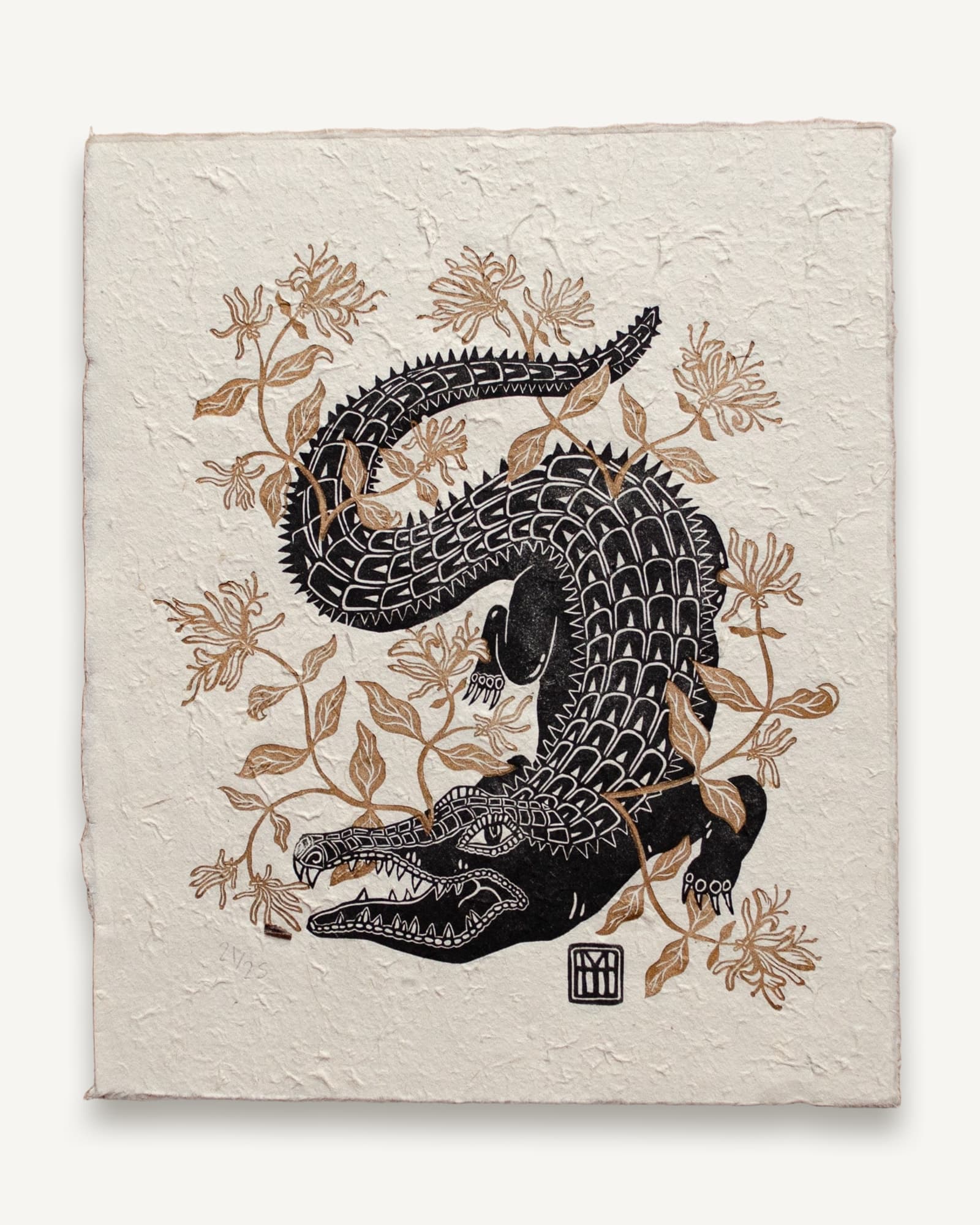 Crocodile and Honeysuckle Linocut Print | Black and Gold