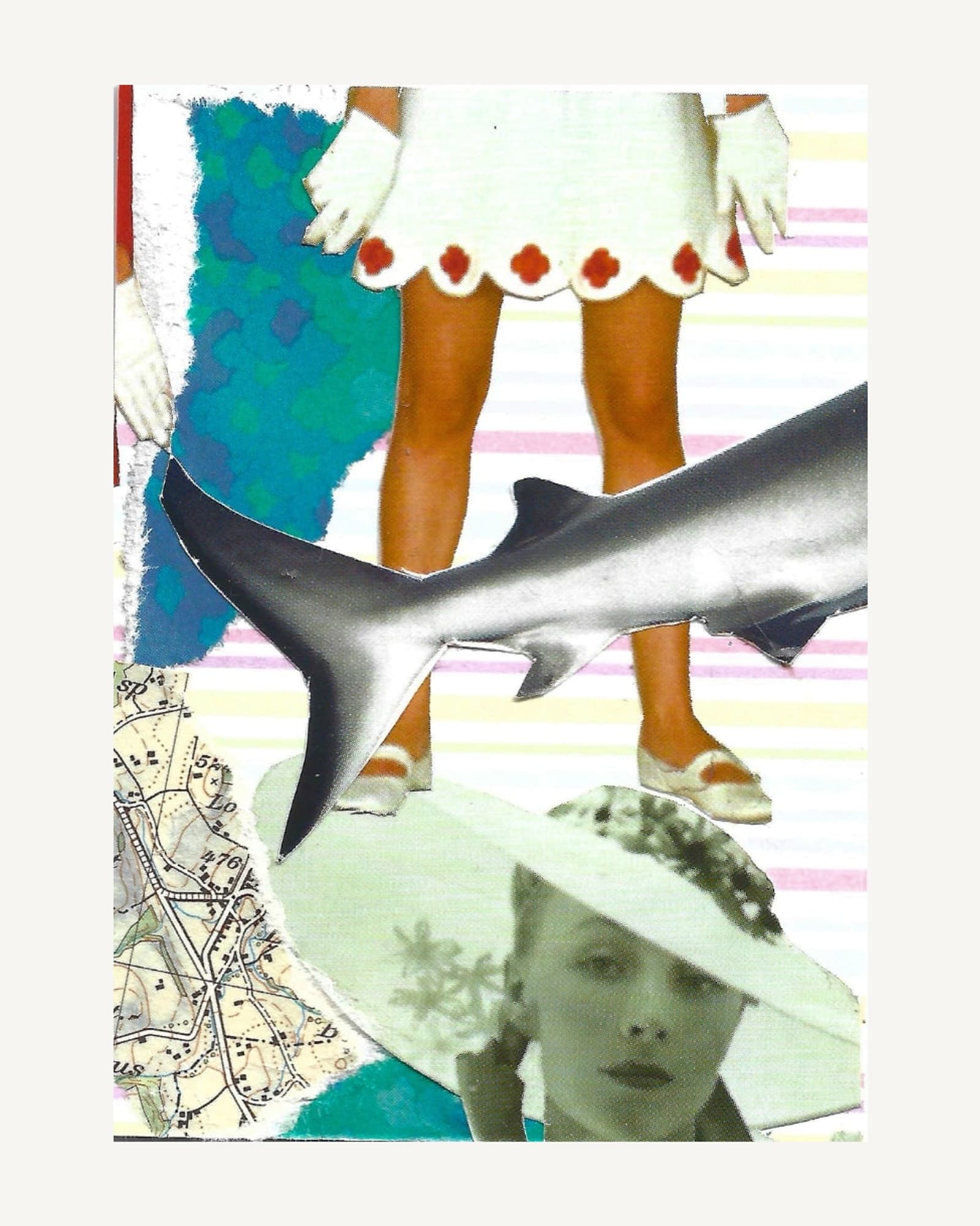 A shark cutting across a scalloped white skirt, with a woman in a wide hat below, on candy-stripe card.