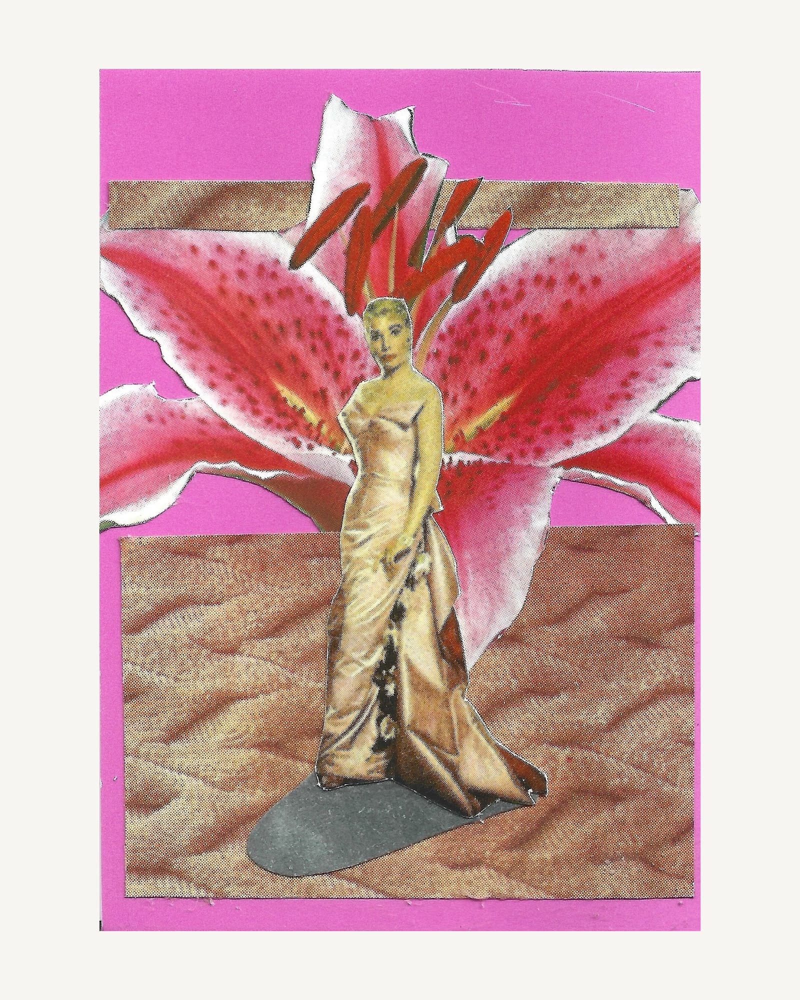 A woman in a gold gown in front of an oversized pink stargazer lily, on a quilted floor and hot pink card.