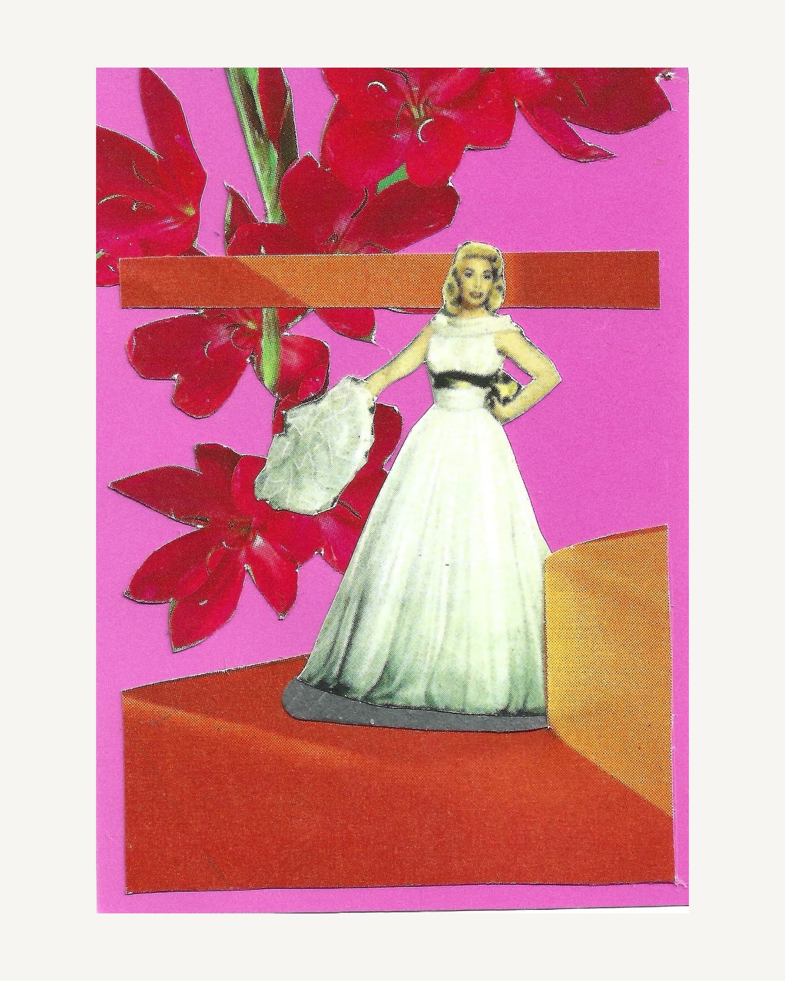 A woman in a white gown against tall red gladioli, on blocks of orange and red over hot pink card.