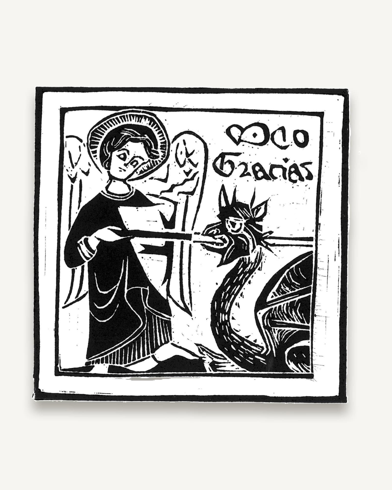 Black and white woodcut print depicting St Michael with halo and wings spearing a horned demon