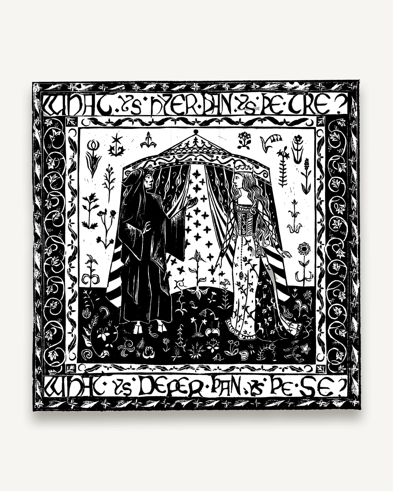 Black and white woodblock print showing two figures beneath a decorative tent with star pattern.