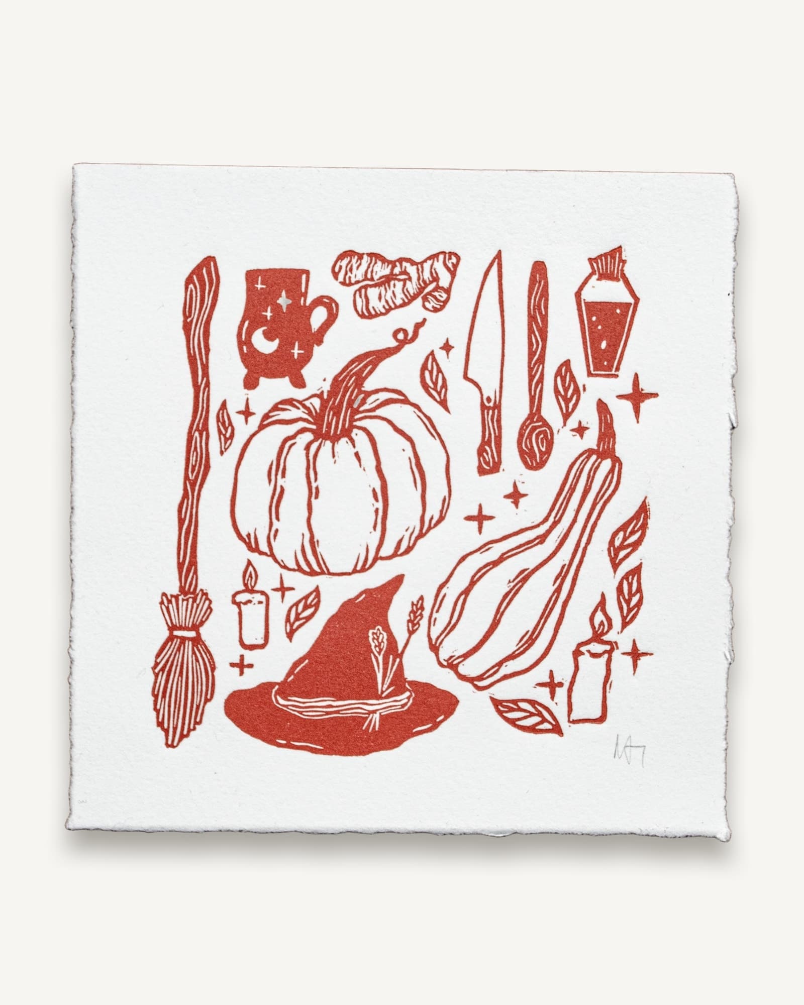 Pumpkin Witch Linocut Print | Pumpkin Spice Orange