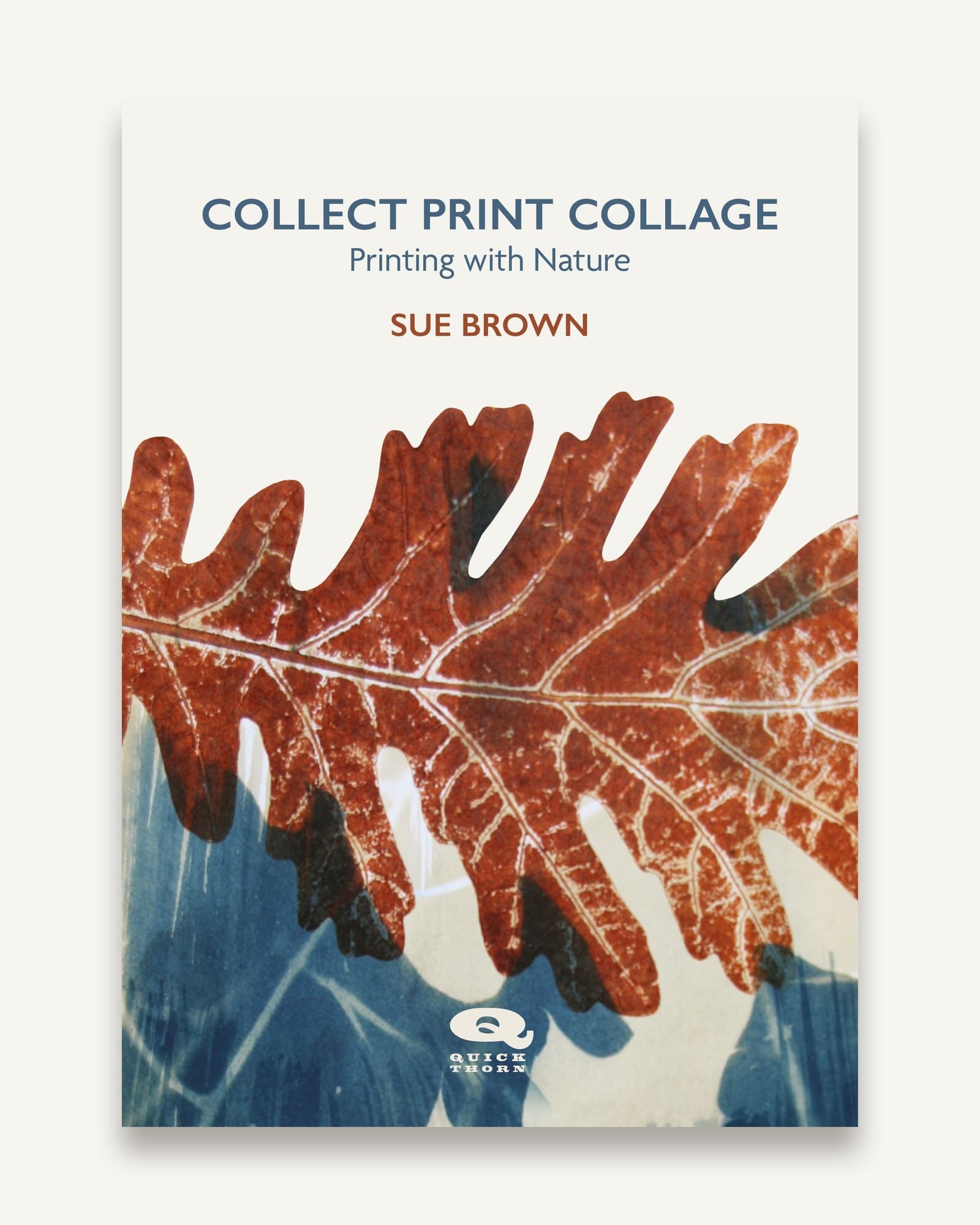 Book cover with cream background, rust-red oak leaves with visible veining printed across lower half
