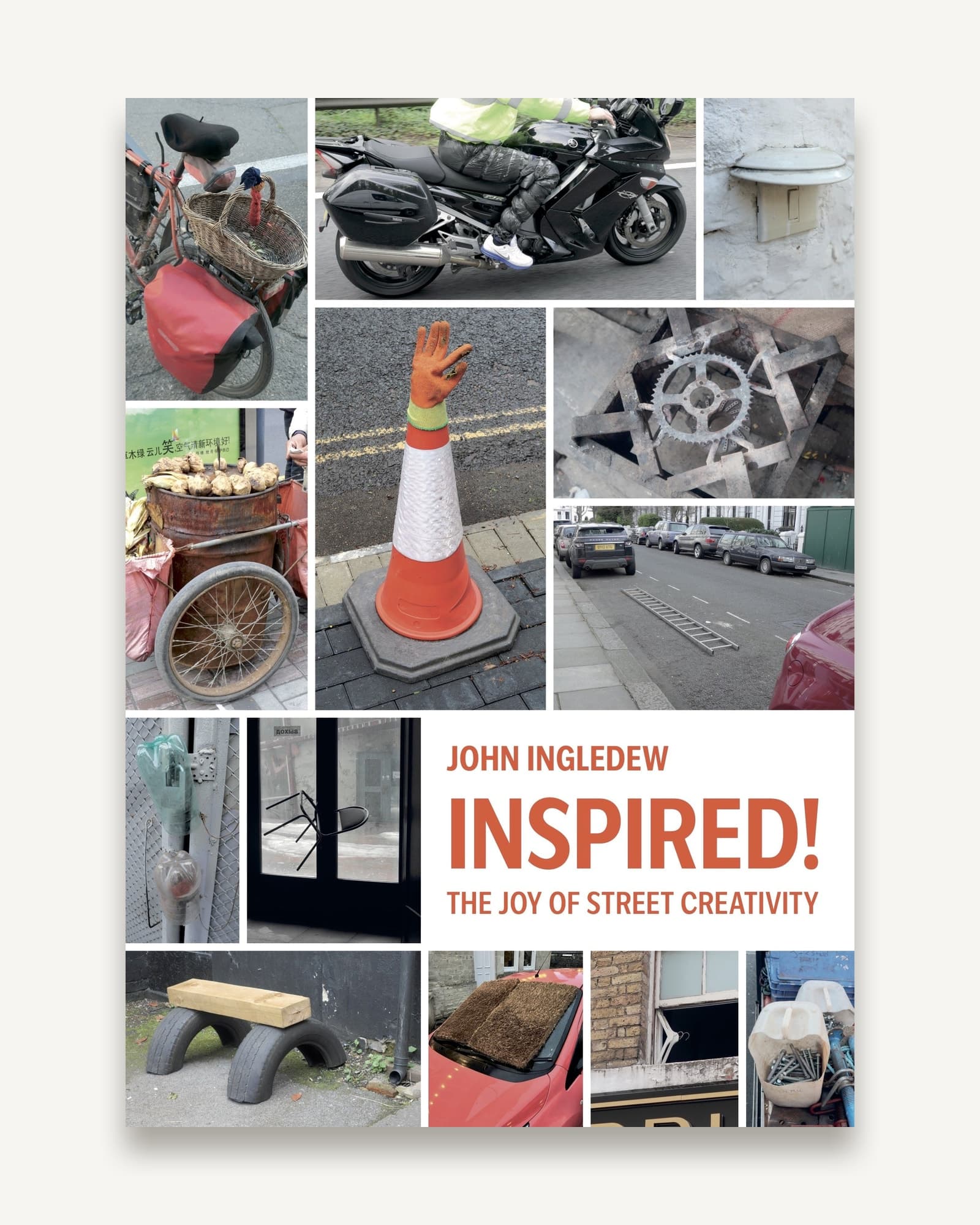 Collage of street photographs showing inventive reuse: bicycle with red sidecar, traffic cone with orange hand