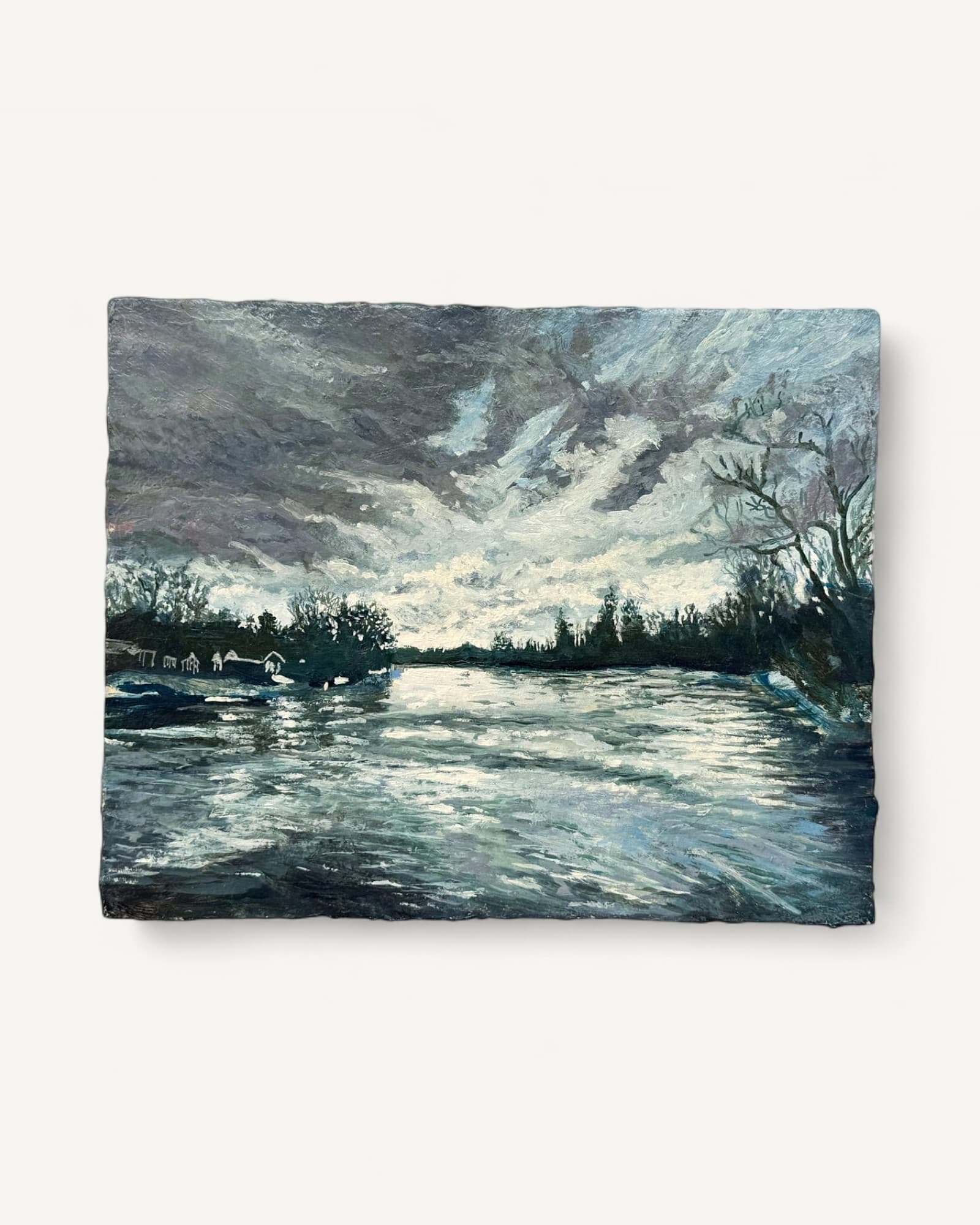 Oil painting on panel depicting a river landscape with dark forested banks, white sky reflected in water, and distant hills