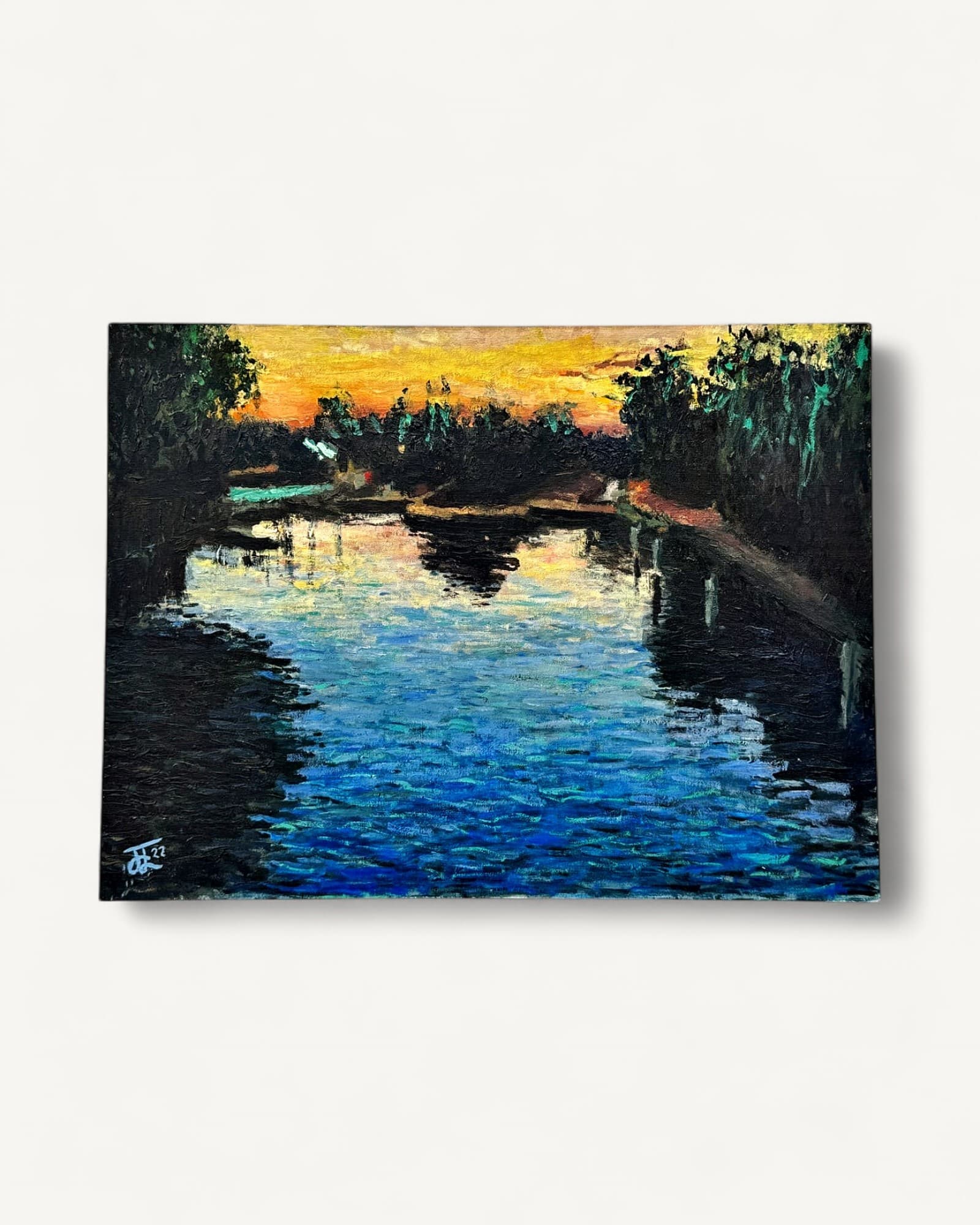 Oil painting depicting Teddington Lock at sunset, with golden-yellow sky above dark silhouetted trees and blue water below,