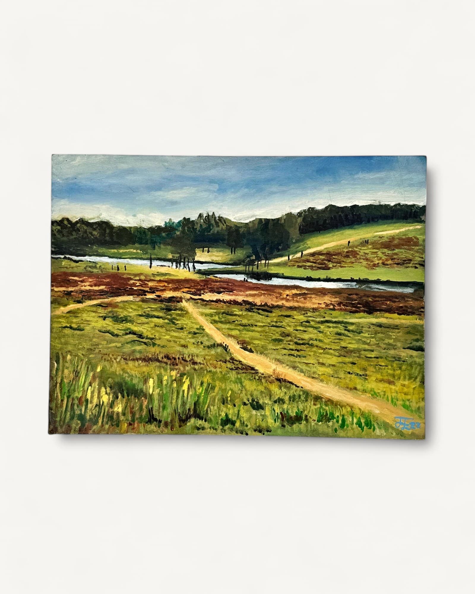 Oil painting depicting Pen Ponds landscape with green fields, brown ploughed earth, winding stream, distant tree line and