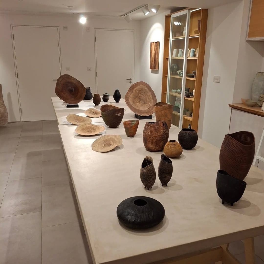 Collection of turned wooden vessels and discs displayed on white table: natural pale wood bowls and circular slices with