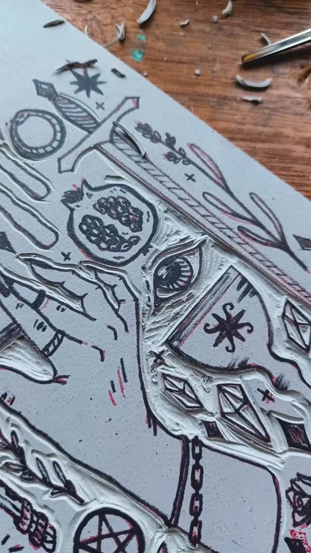 A finished block, uninked, showing every cut that will print as white.