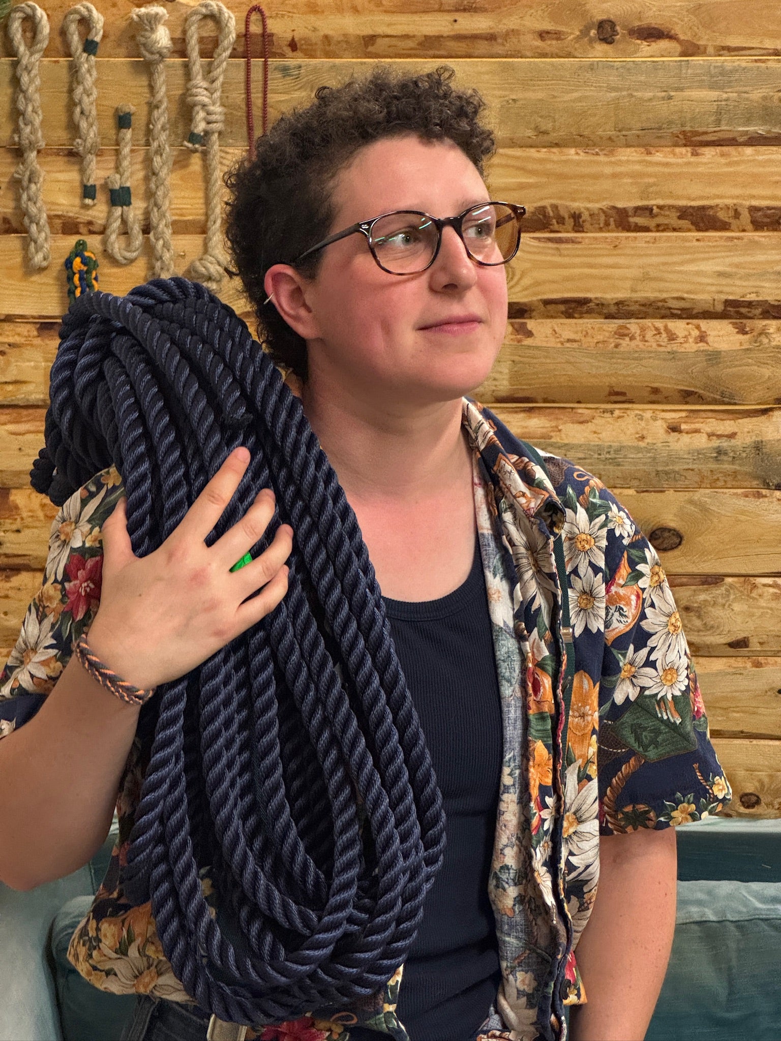 Gem Bowes with a finished hand-spliced navy rope coil across her shoulder
